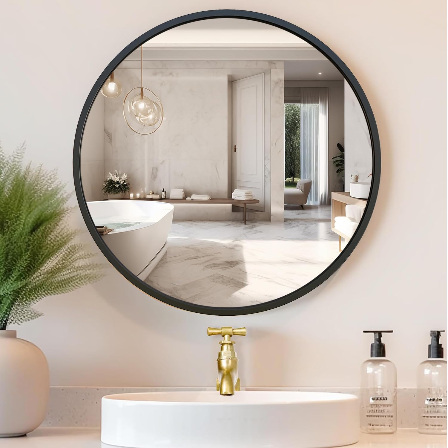 generic The Arts Box Round Wall Mirror I Metal Frame I Modern Design Metal Frame I Bathroom Wash Basin, Bedroom, Drawing Room (Black, 16)-picture-12