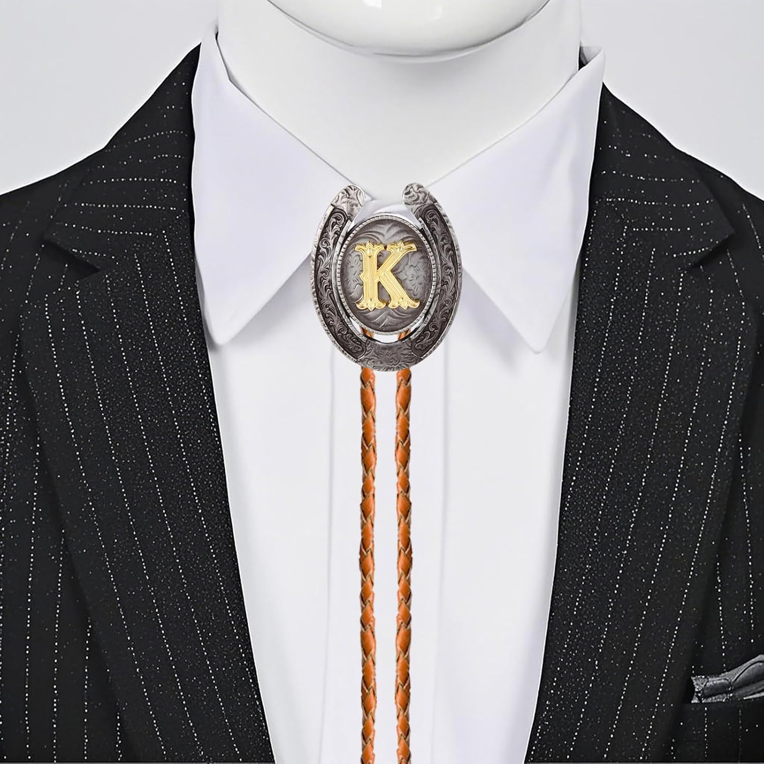 Western Cowboy Vintage Rodeo A-Z Initial Letter Bolo Tie for Men