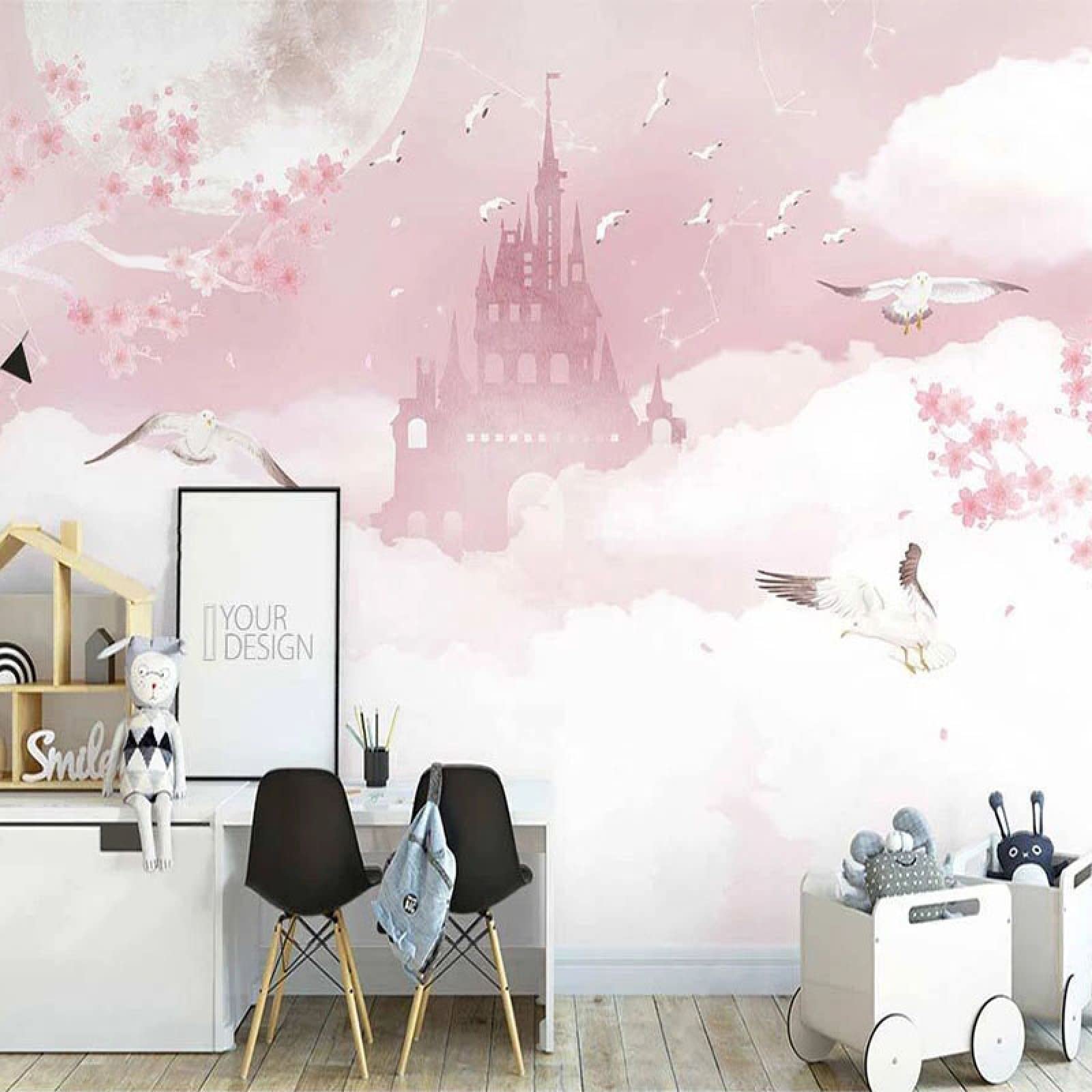 Papier peint mural château fleurs style fait main scandinave