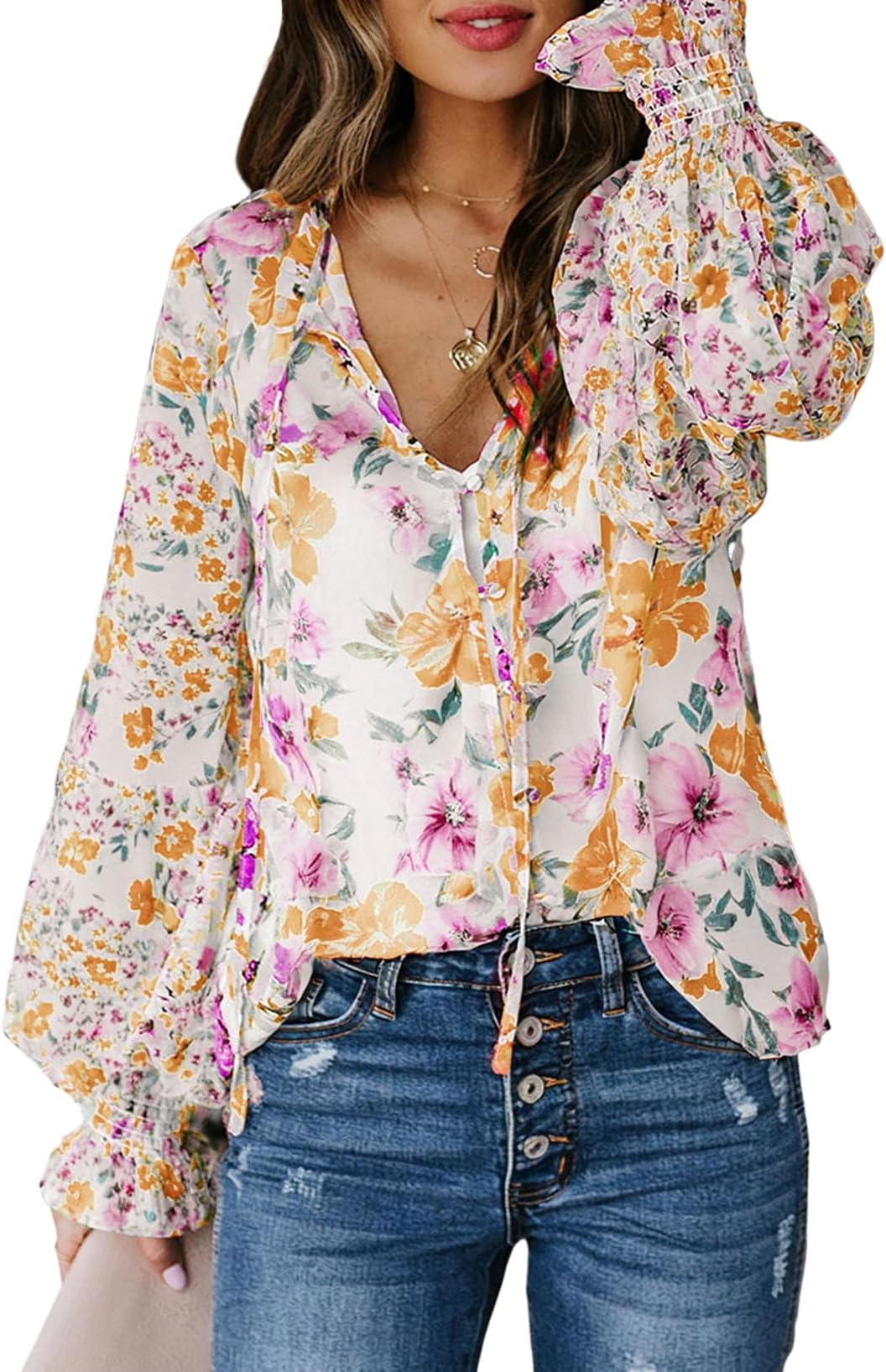 Women's Casual Boho Floral Print V Neck Long Sleeve Drawstring Tops Loose Blouses Button Down Shirts