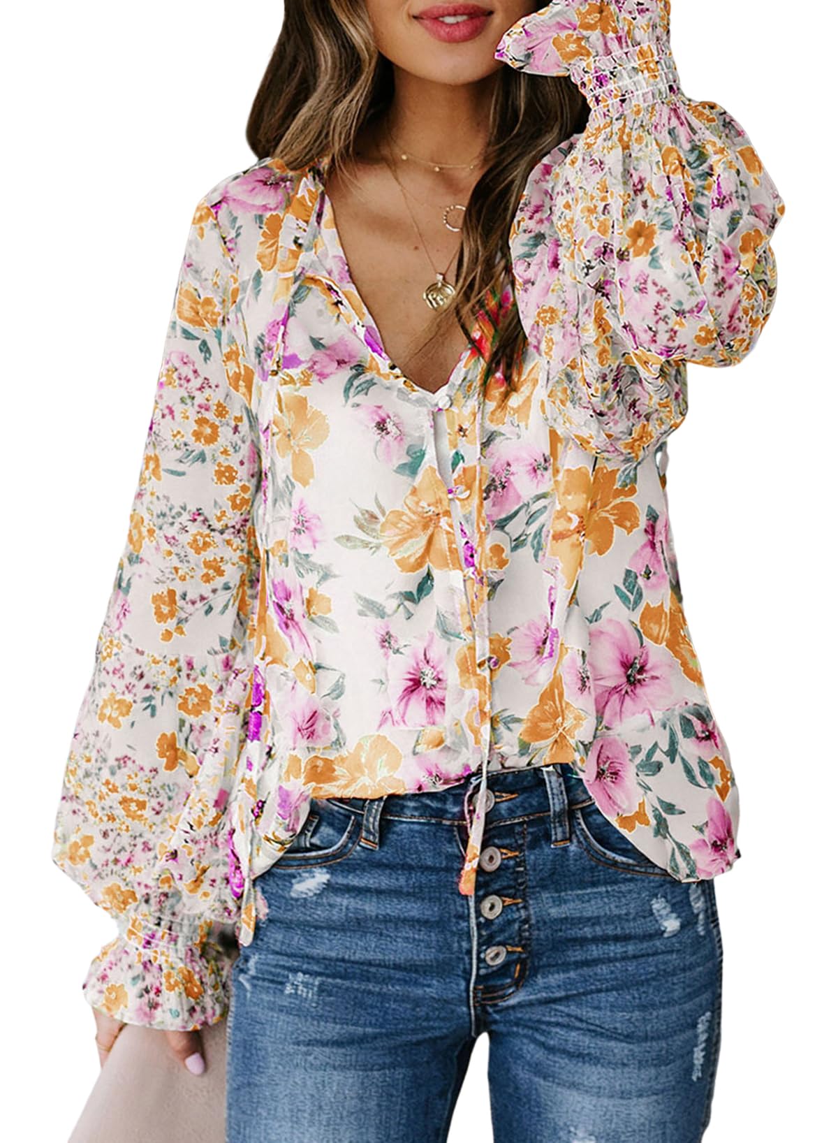 Women's Casual Boho Floral Print V Neck Long Sleeve Drawstring Tops Loose Blouses Button Down Shirts
