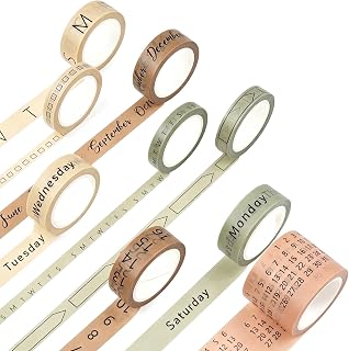 Chuangdi 9 Rolls Calendar Washi Tape Set, Pink, Green, Brown, Light Brown | Vintage Day Week Month Date Number Calendar Washi for Journaling, Planner Decoration, Journal Labels, Arts Crafts