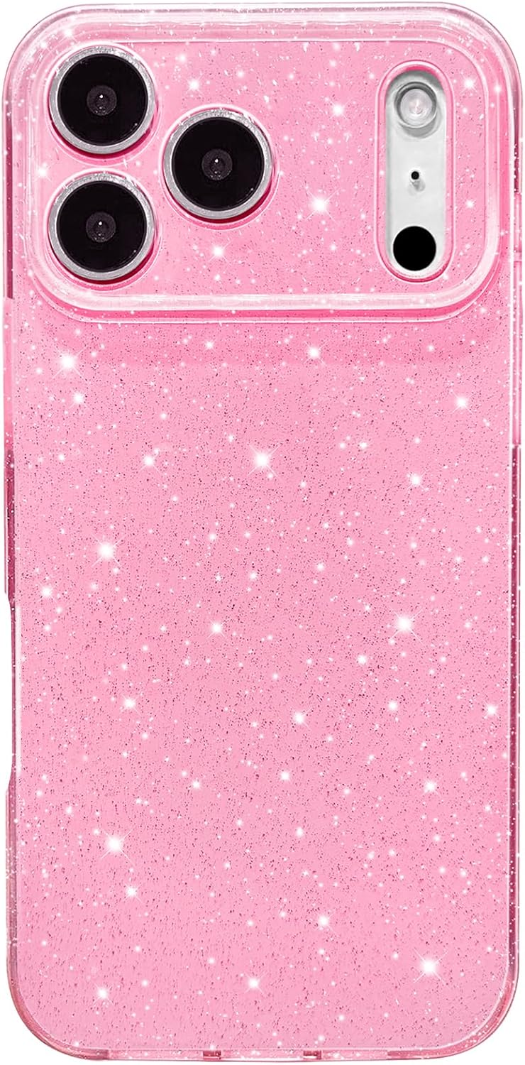 Hython Case for iPhone 17 Pro Max Case Glitter Cute Sparkly Shiny Bling Sparkle Phone Cases 6.9", Thin Slim Fit Soft TPU Bumper Shockproof Rubber Protective Cover for Women Girls Girly, Bright Pink
