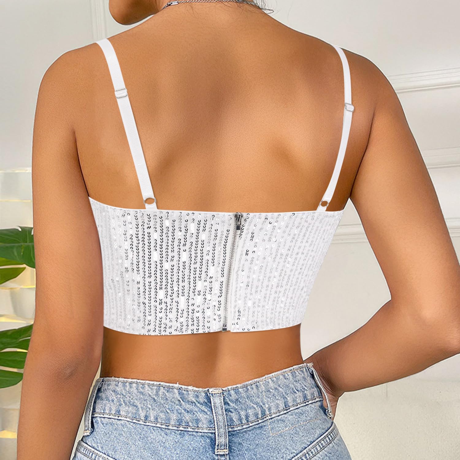 Vimoisa Women Reflective Metallic Tank Top Bustier Spaghetti Strap Crop Top Tight Sleeveless Tube Top Vest Blouse - Image 5