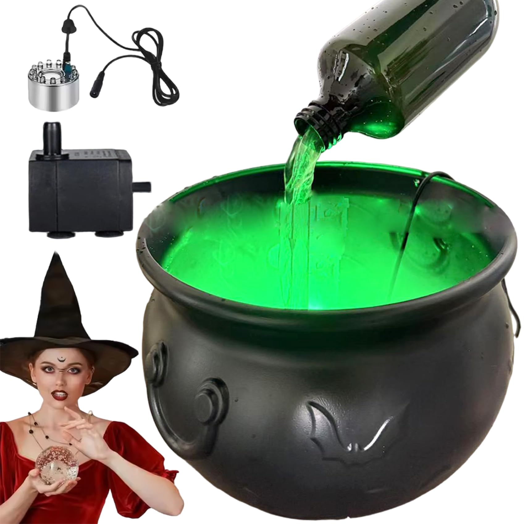 Vervevum Witch Cauldron, 10 Inch Plastic Cauldron Pot with Magical Green Water Dye and Sprayer, Halloween Candy Bowl for Home & Porch Decoration, Pot