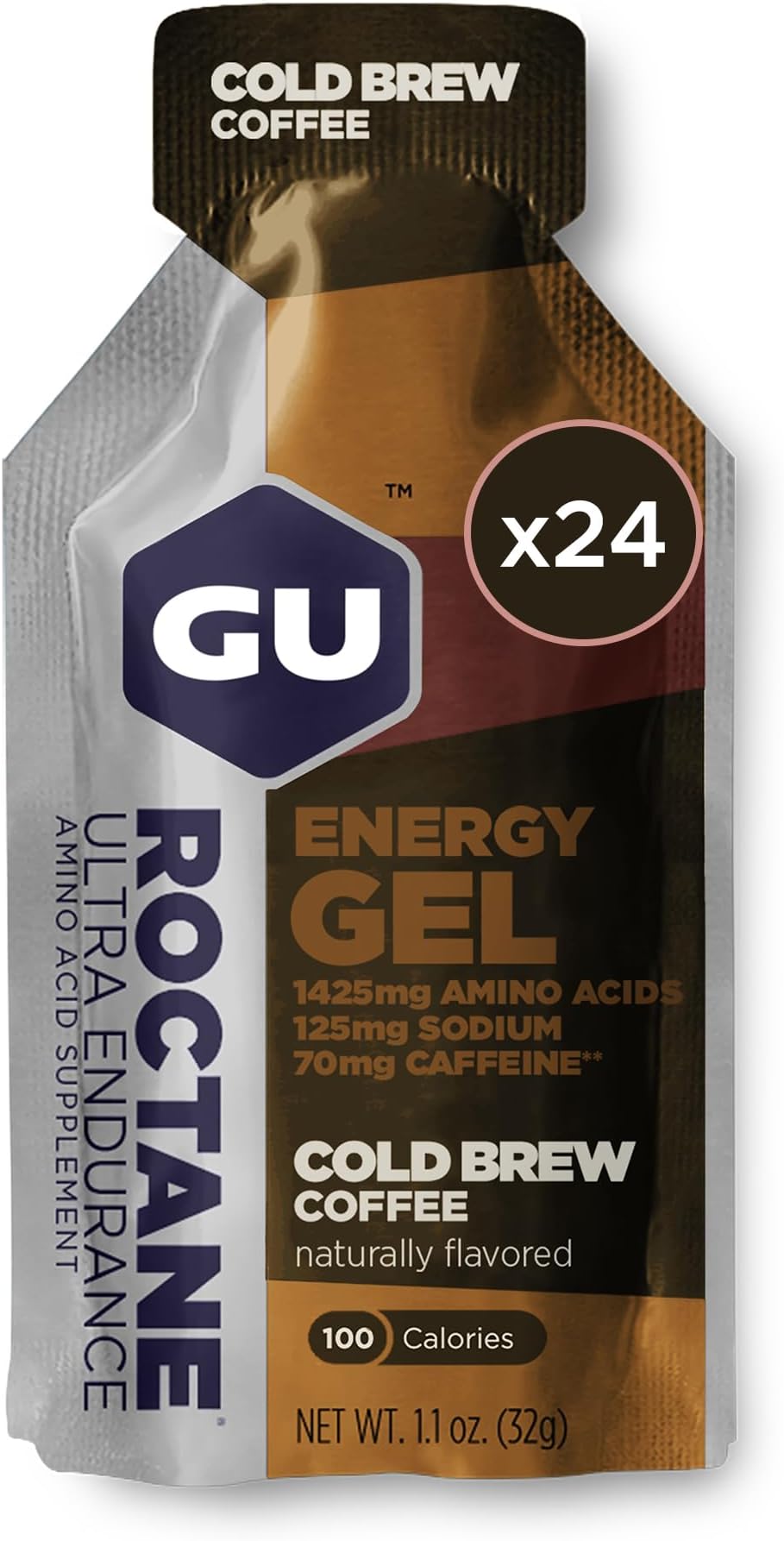 Roctane Ultra Endurance Energy Gel, Quick On-The-Go Sports Nutrition for Running and Cycling, Cold Brew 2X Caffeine (24 Packets)