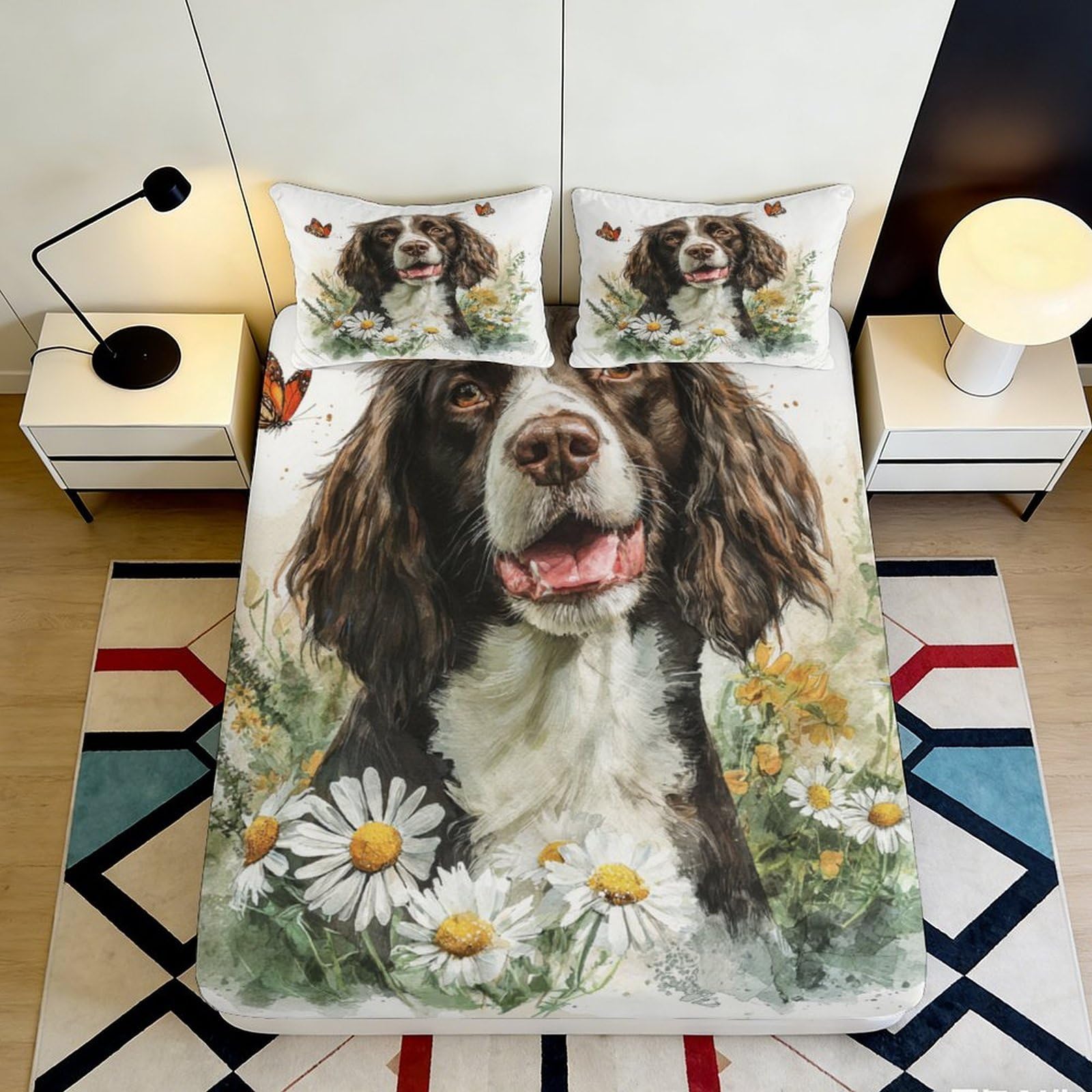 3D Printed Springer Spaniel Fitted Sheet Microfiber Non Slip Daisy Flower Mattress Cover for Bedroom Guest Room Decor 90x200x25cm
