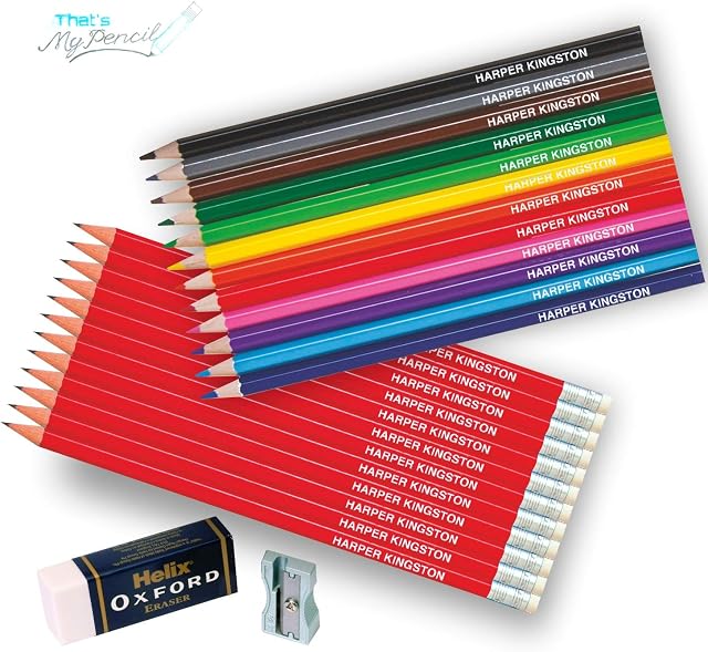 Personalised 12 Colouring, 12 Red Graphite Pencils plus Helix Eraser/Sharpener pack - Pencils are embossed with name