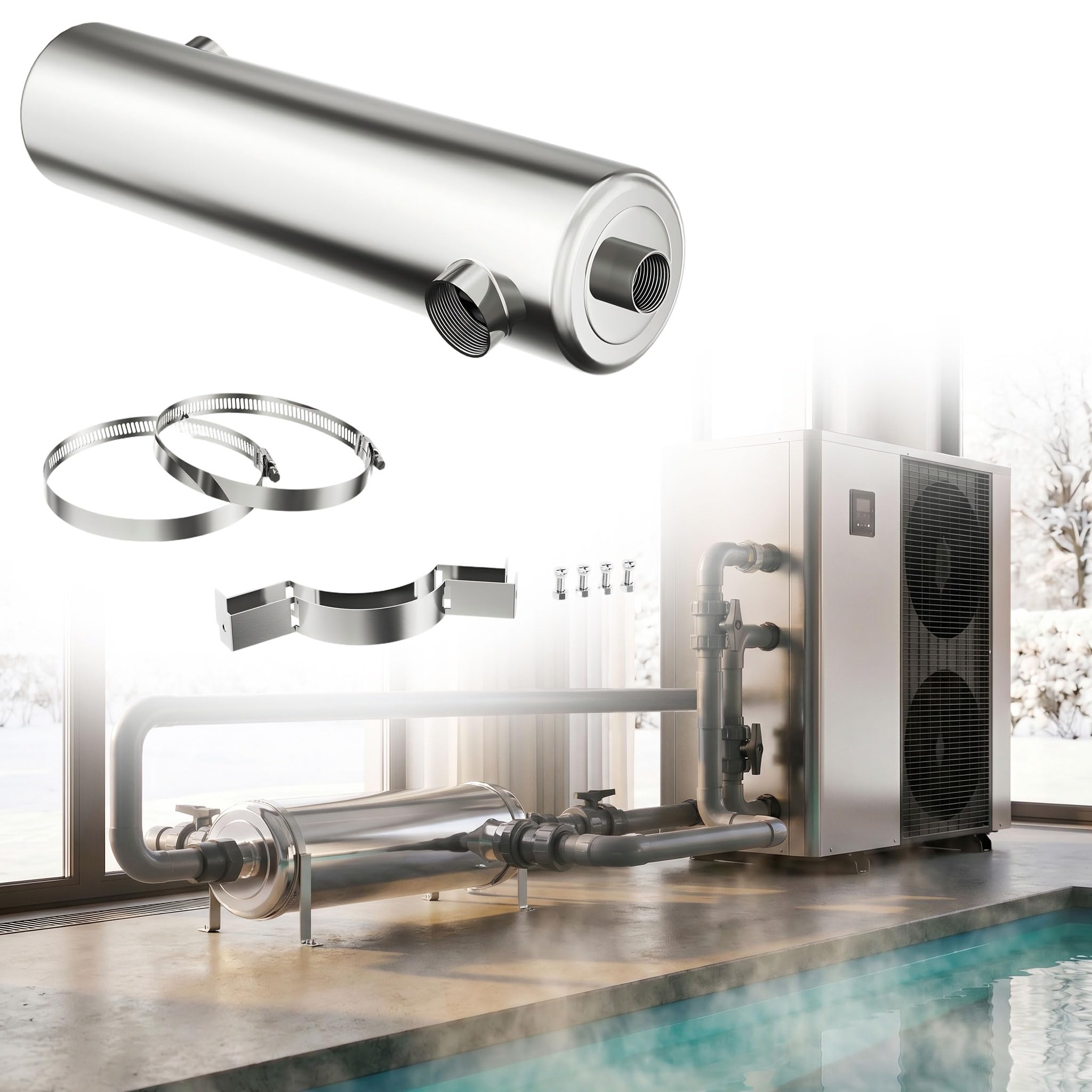 UISEBRT Scambiatore di calore per piscina in acciaio inox, 40 kW, 136000 BTU/h, a risparmio energetico, senza corrente, scambiatore di calore a controcorrente per piscina, spa, vasca idromassaggio e
