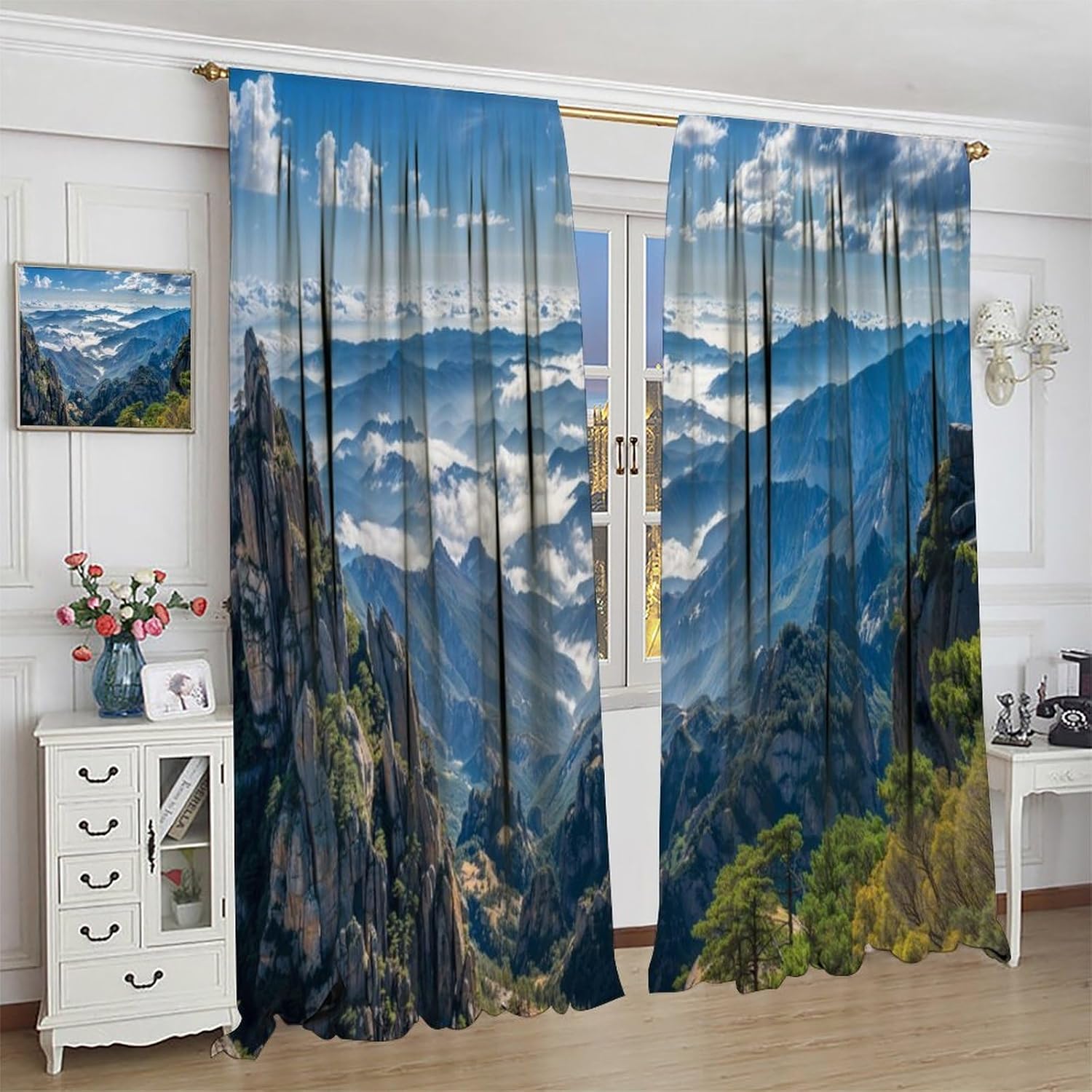 Scenic Nature Blackout Curtains,Mountain Natural Woodland Scenery Tree Woodland Landscape Rod Pocket Curtain Window Treatments 2 Panels Drapes for Kitchen Bedroom Living Room Offiec Decor 63"W X 72"L