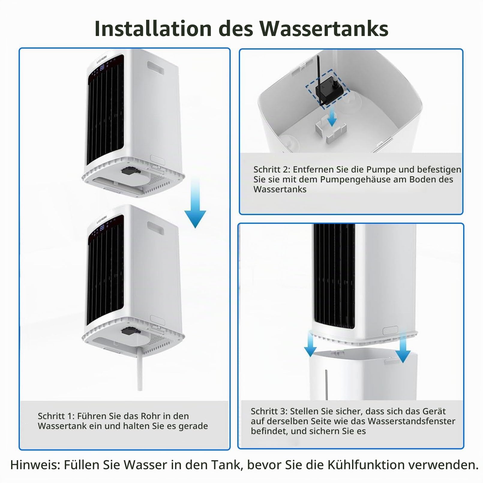 Klimagerät Mobil Ohne Abluftschlauch 25-Liter-Wassertank ﻿ | 2000m³/h, 80W, 3 Geschw., Links-rechts-Schwenk, 2 Kühlakkus,für Schlafzimmer & Büro, energiesparend
