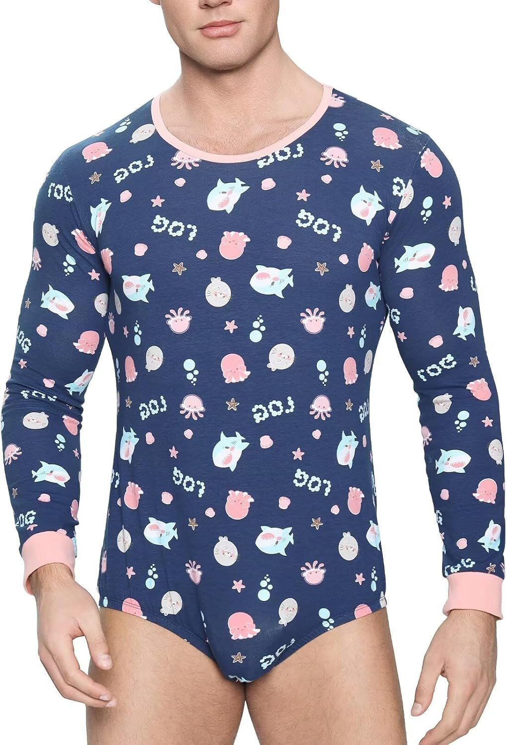 Landofgenie Mens Onesie Long Sleeve Bodysuit One Piece Pajamas Snap Button Crotch Top Cotton Adult Romper for Men