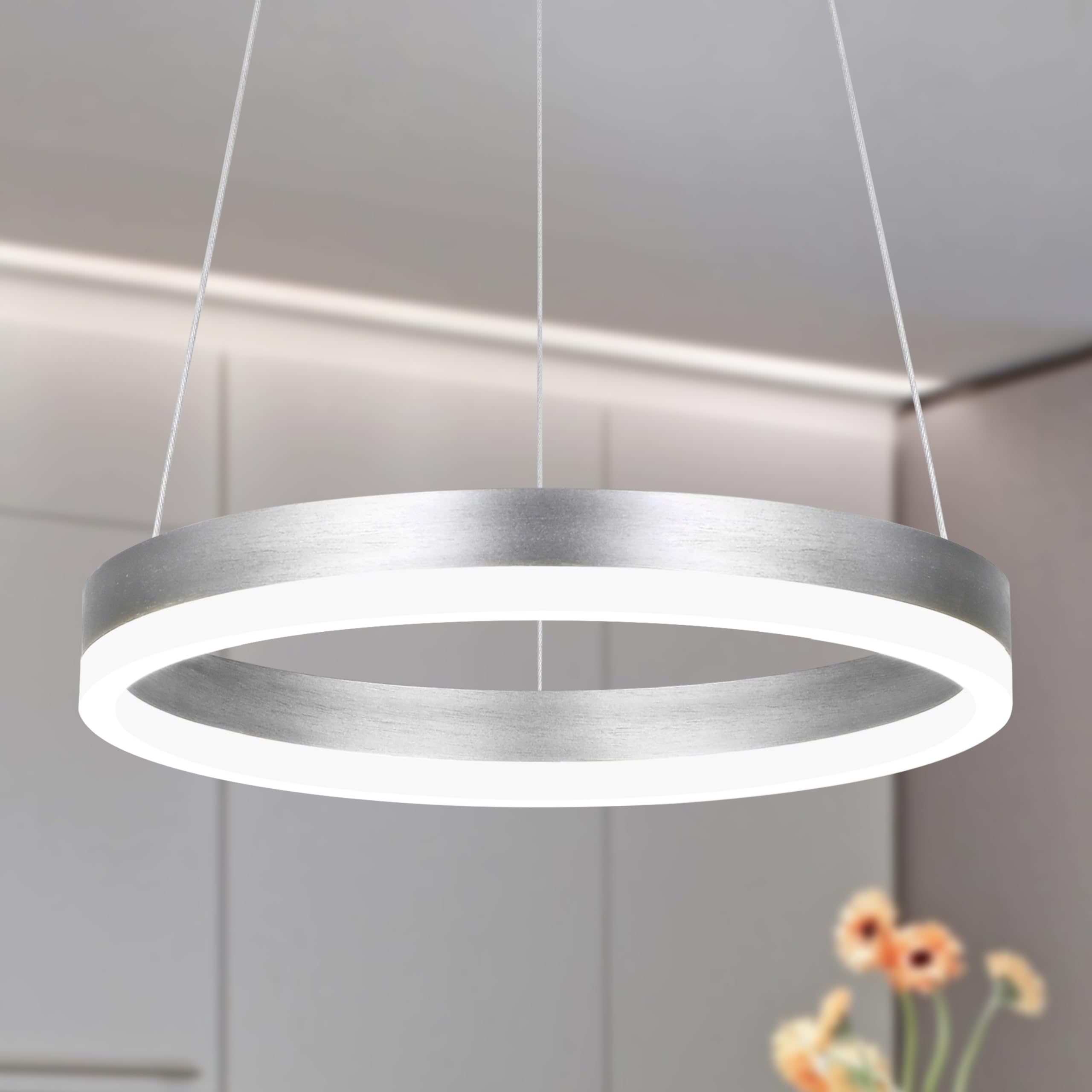 Photo 1 of Mccokaige 12" Nickel Led Ring Chandelier Ring Modern Led Chandelier Modern Pendant Lights Adjustable Height Light Contemporary Light Fixture for Kitchen Island Bedroom Dining Room Living Room