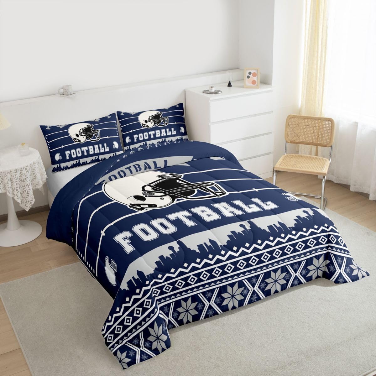 Erosebridal Football City Comforter Set for Kids Teens Adults,Rugby Sports Lover Toddler Bedding Set,Football Helmet Down Comforter Bedroom Decor,Navy Blue White Bed Set