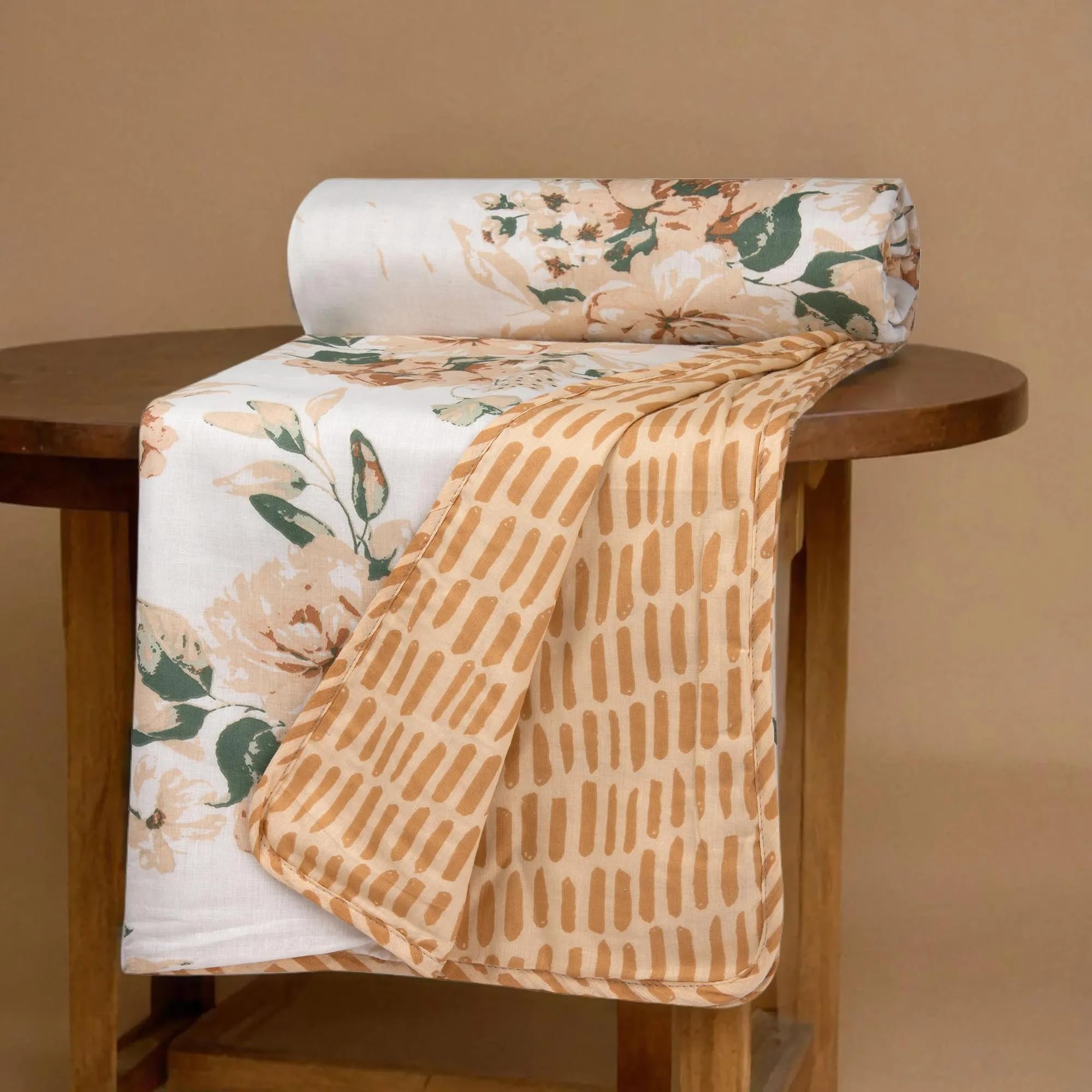 HUESLAND 100% Cotton Reversible Dohar Toddler Size | Soft Cambric Weave, All Weather Light Comforter AC Quilt | Infants-New Born Blanket | 41 x 55 inches, Blushing Blooms - White, Sandcastle & Green