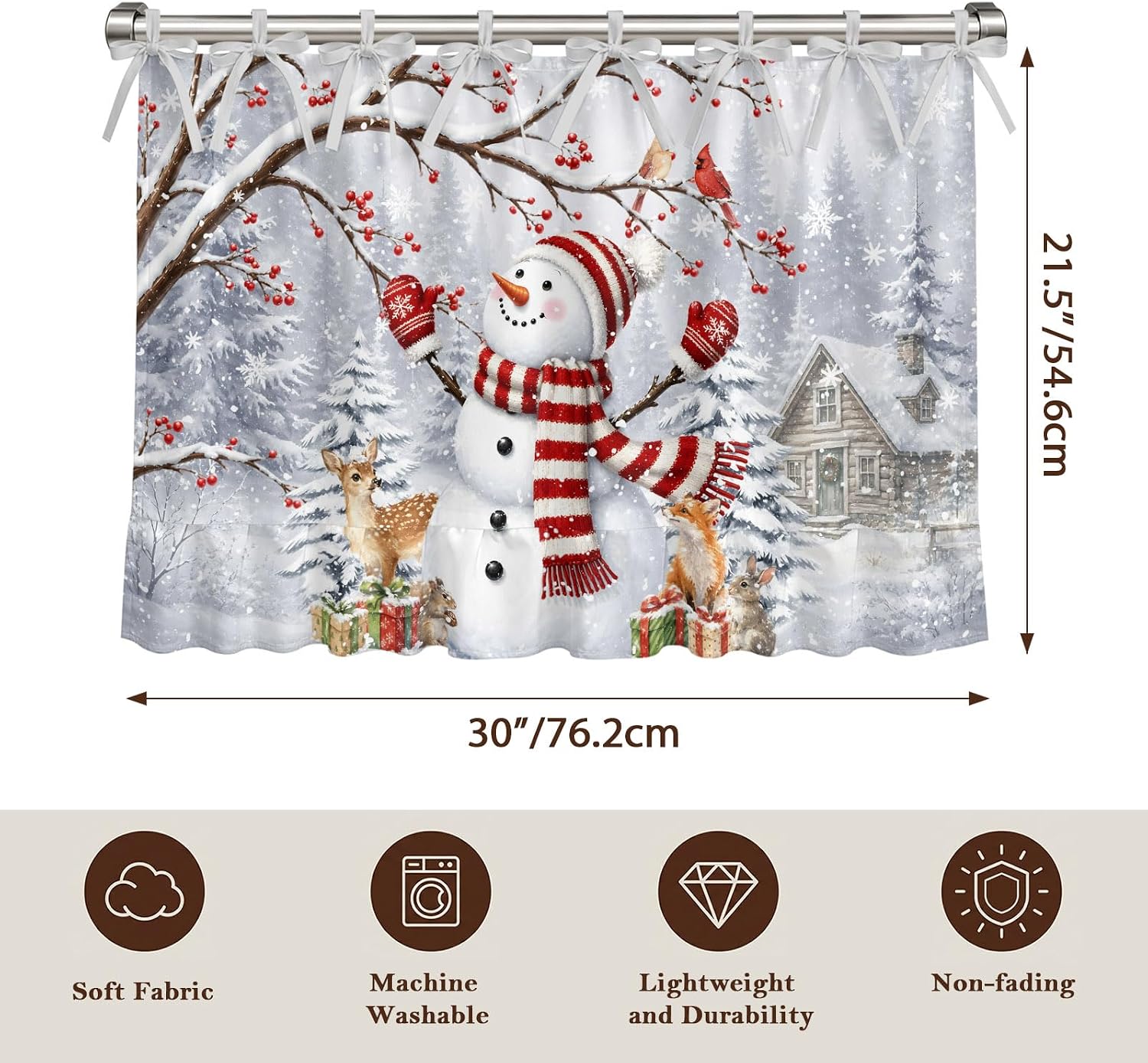 Christmas Snowmen Oven Curtain with Tie Top, Country Cabin Pine Forest Deer Gift Box Red Berry Oven Skirt Curtains with Tie Top Cabinet Cover Curtain for Small Kitchen Apartment Decor 30 x 21.5 Inches image 4