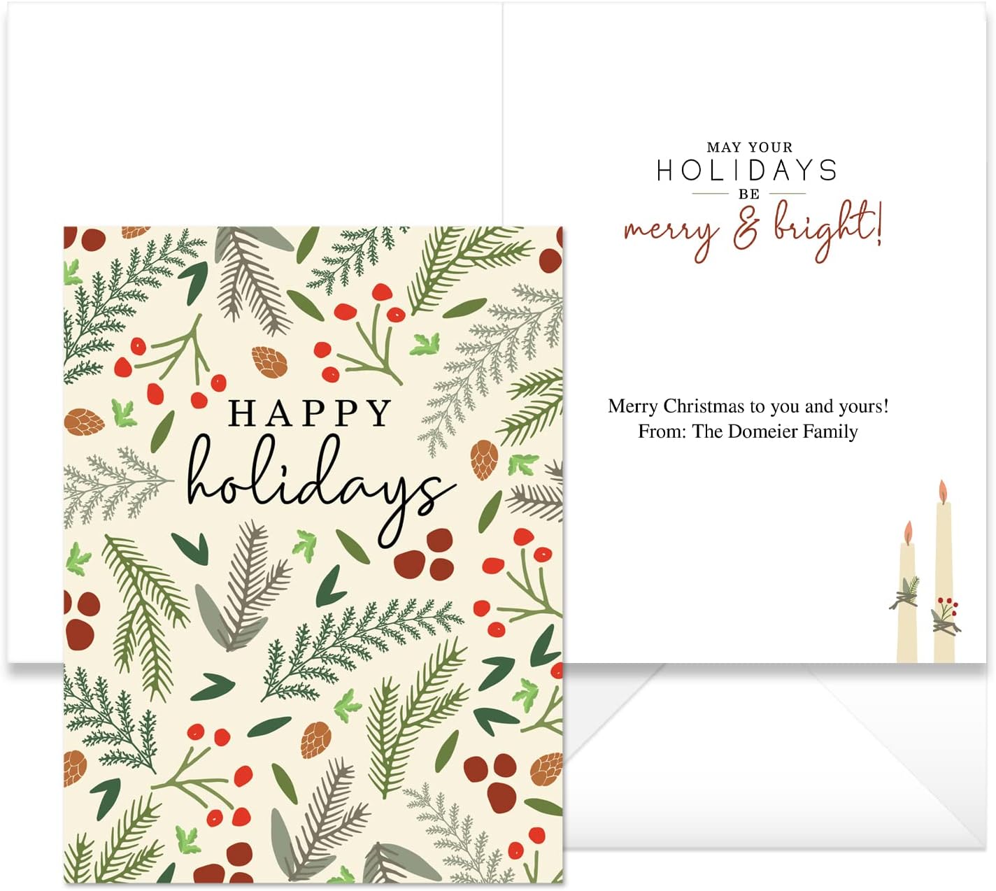 Happy Holidays Personalized Note Cards / 24 Modern Greenery Floral Business Or Personal Greeting Cards / 6 1/4" x 4 5/8" Customized Illustrated Woodland Christmas Design