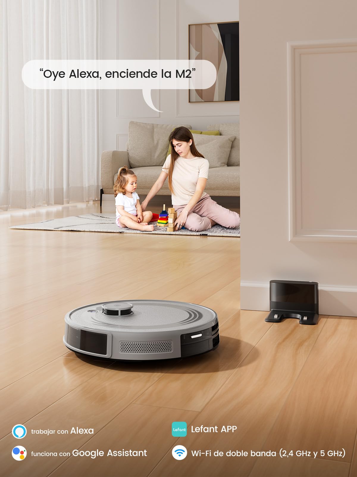 Lefant M2 Robot Aspirador y Fregasuelos 6000Pa, 160min Automático,Navegación Láser, Evitación PSD, Limpieza Personalizada, App/Alexa/WiFi, Ideal para Limpiar Mantas y Pelos Mascotas