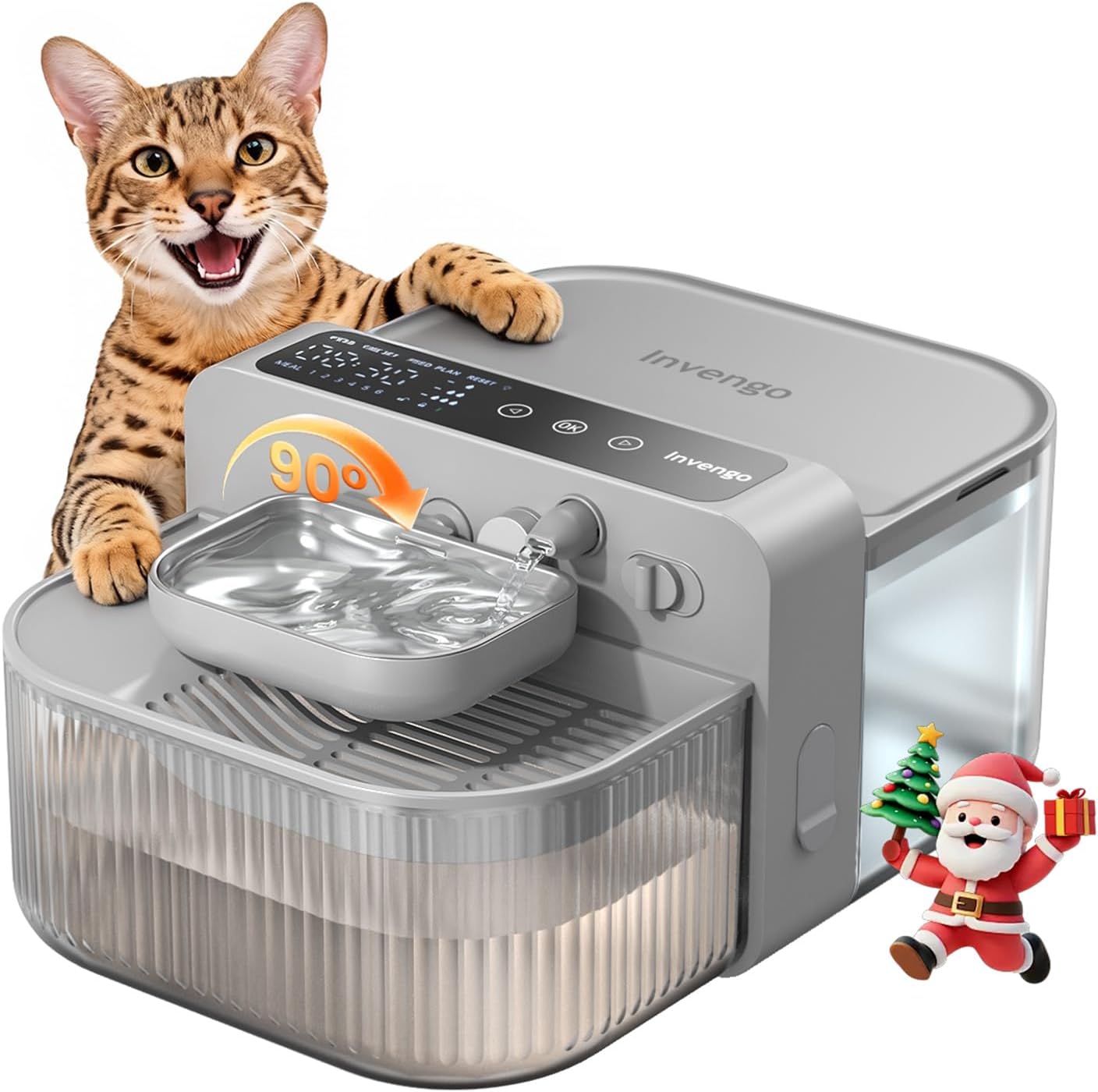 Invengo MeowFlow E100 Wireless Cat Water Fountain with a cat and festive decorations