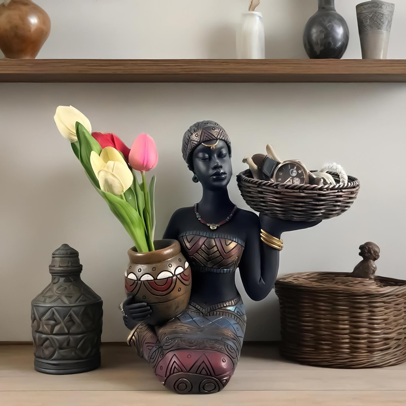 Figurine Africane per Arredamento Casa Donna Seduta con Figurine da Tavolo | Statue Decorative per Soggiorno Luogo di Lavoro Scrivania Tavolo Scaffale Stanza di Studio Ingresso Negozi