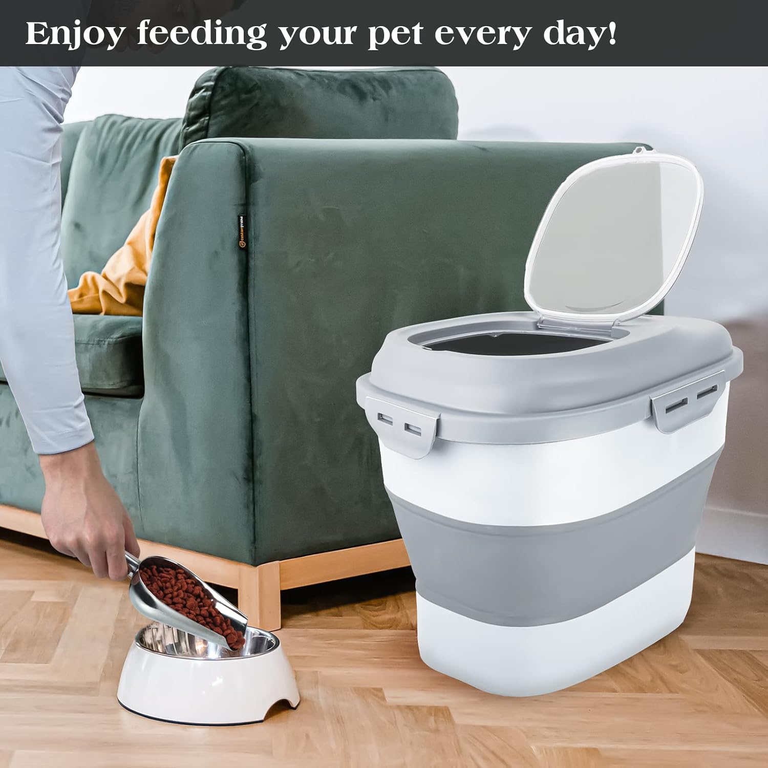 Dog Food Storage Container, Airtight Collapsible 13lb to 30lb Pet Food Container with Flip Top, Rolling Wheel, Scoop and 3L small container for Dog Cat Food and Dry Food of Rice, Flour