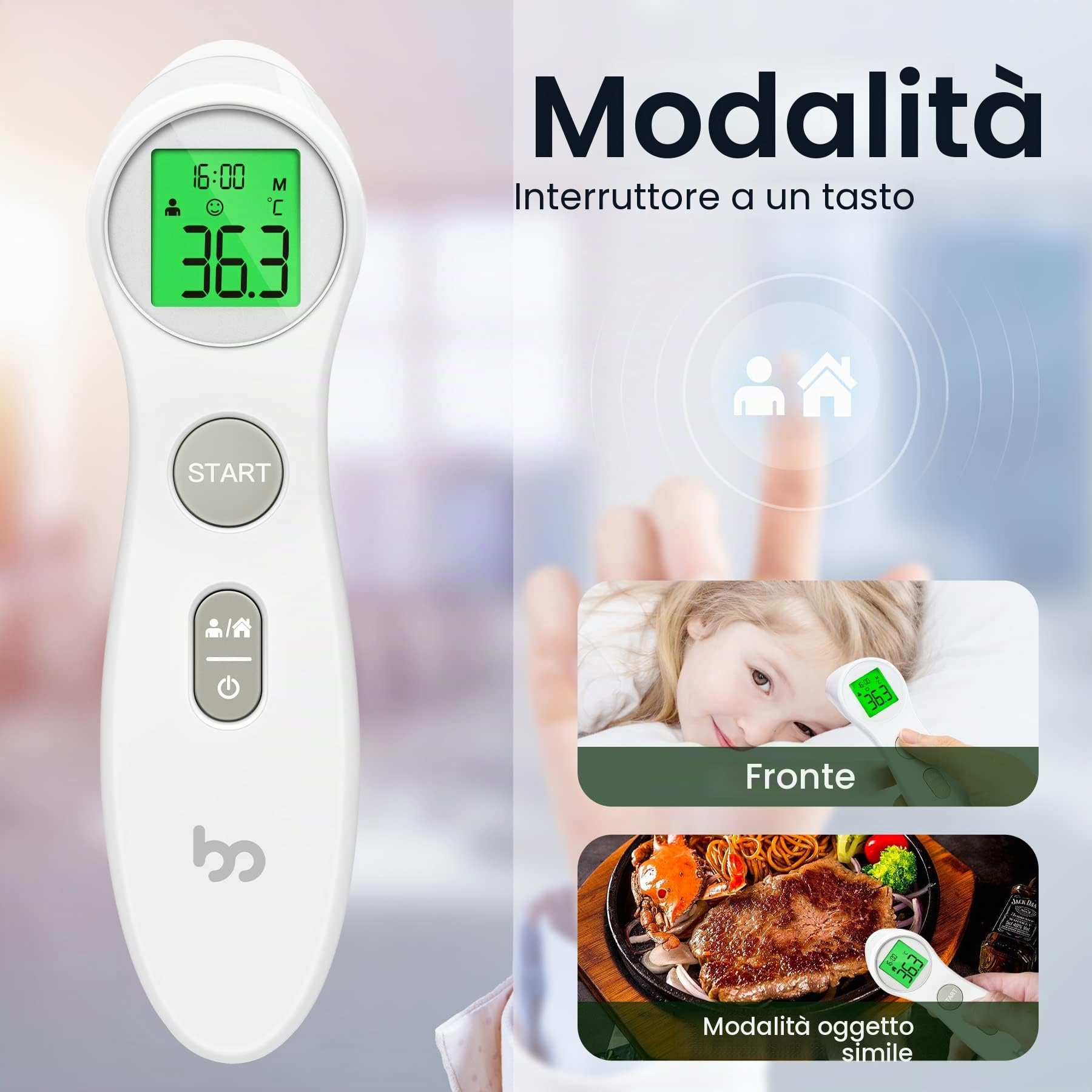 Termometro frontale per neonati, bambini e adulti, termometro clinico senza contatto con allarme febbre, lettura accurata immediata 1s, bianco