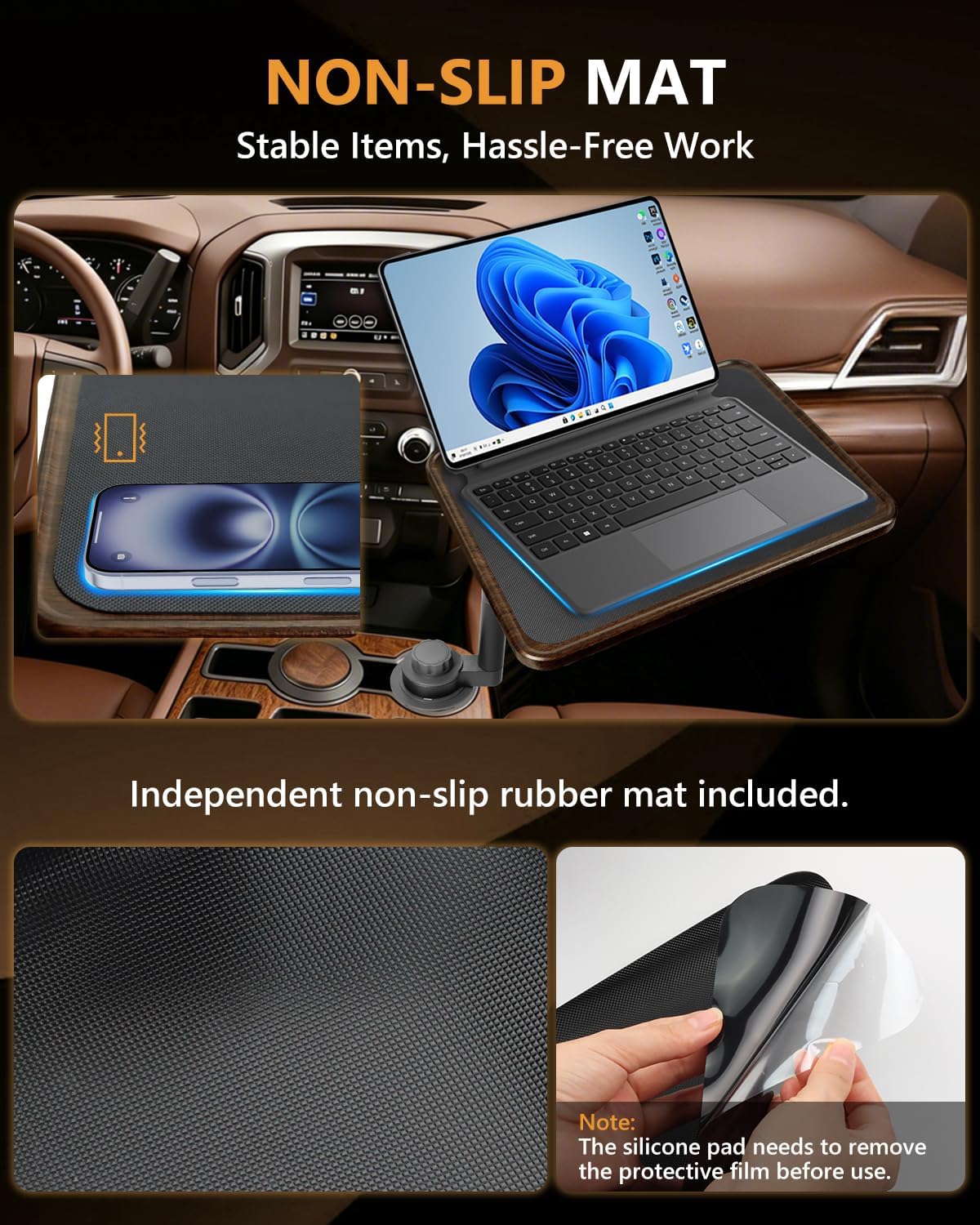 Condition photo showing New/Like New for car desk for laptop, 360° rotation cup holder table, car table & car food tray for tesla model y/3, f-150/ram 1500/gmc sierra 1500 & most vehicles, car accessories for women & men(long pole)