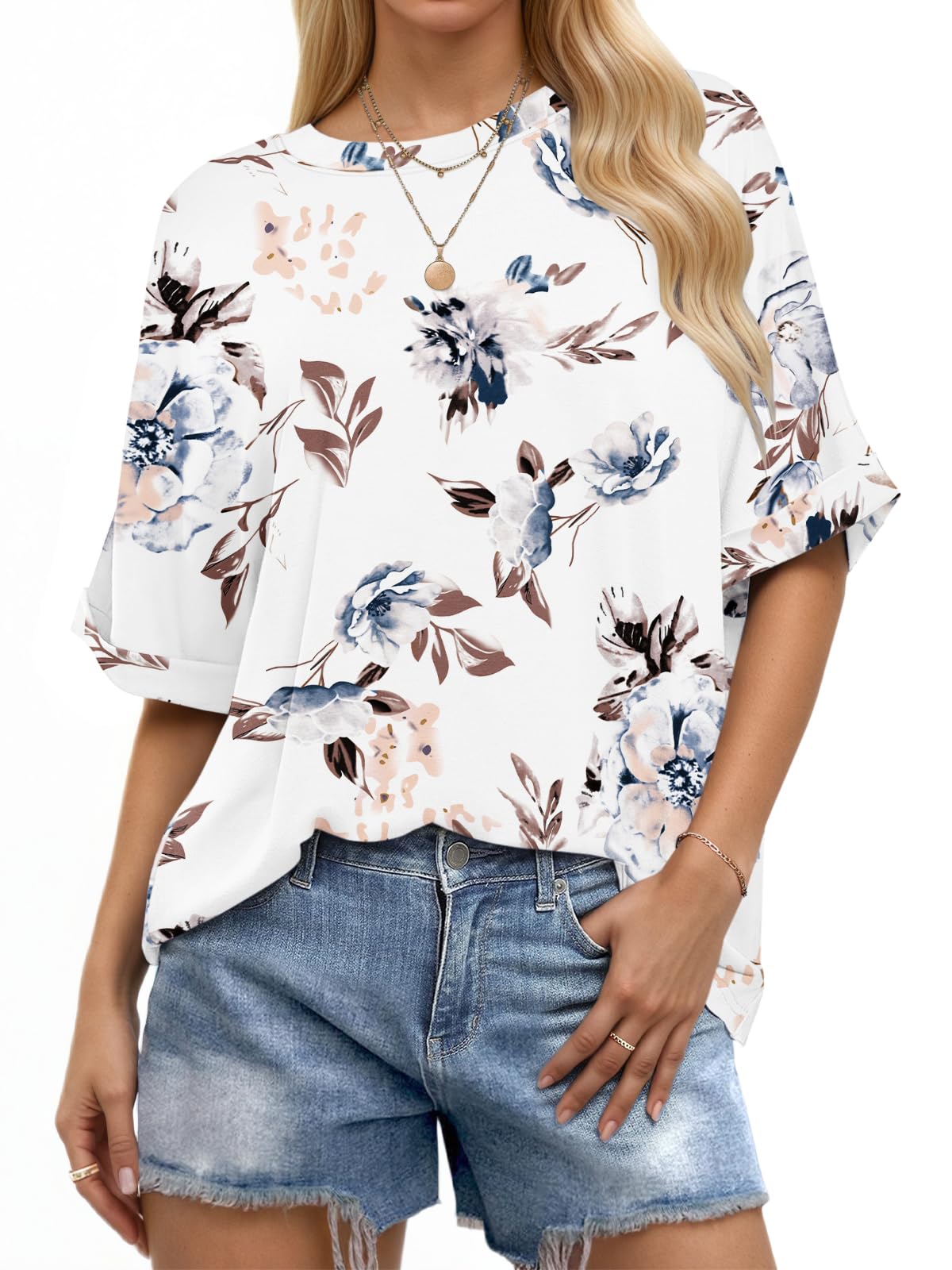 WNEEDU Oversize Shirt Damen Kurzarm Rundhals Oberteile Damen Sommer Basic T-Shirt Locker Lässige Top Oversize Bluse mit Gekrempelten Ärmeln