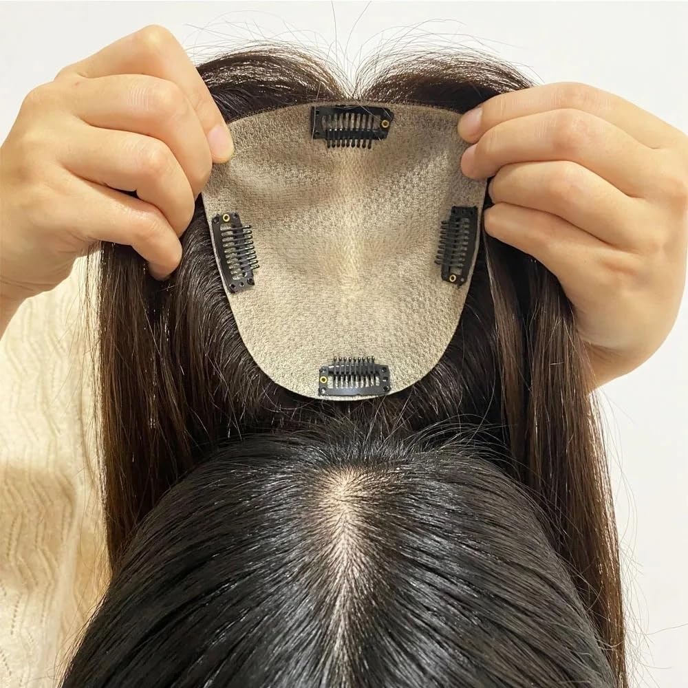 Haarteile, 25,4–61 cm lang, Echthaar-Toupet, 12 x 13 cm, Haarteil mit Seidenbasis, Mittelscheitel, glattes Haar-Toupet für Frauen mit dünner werdendem HAA(Dunkelbraun - 24 Zoll