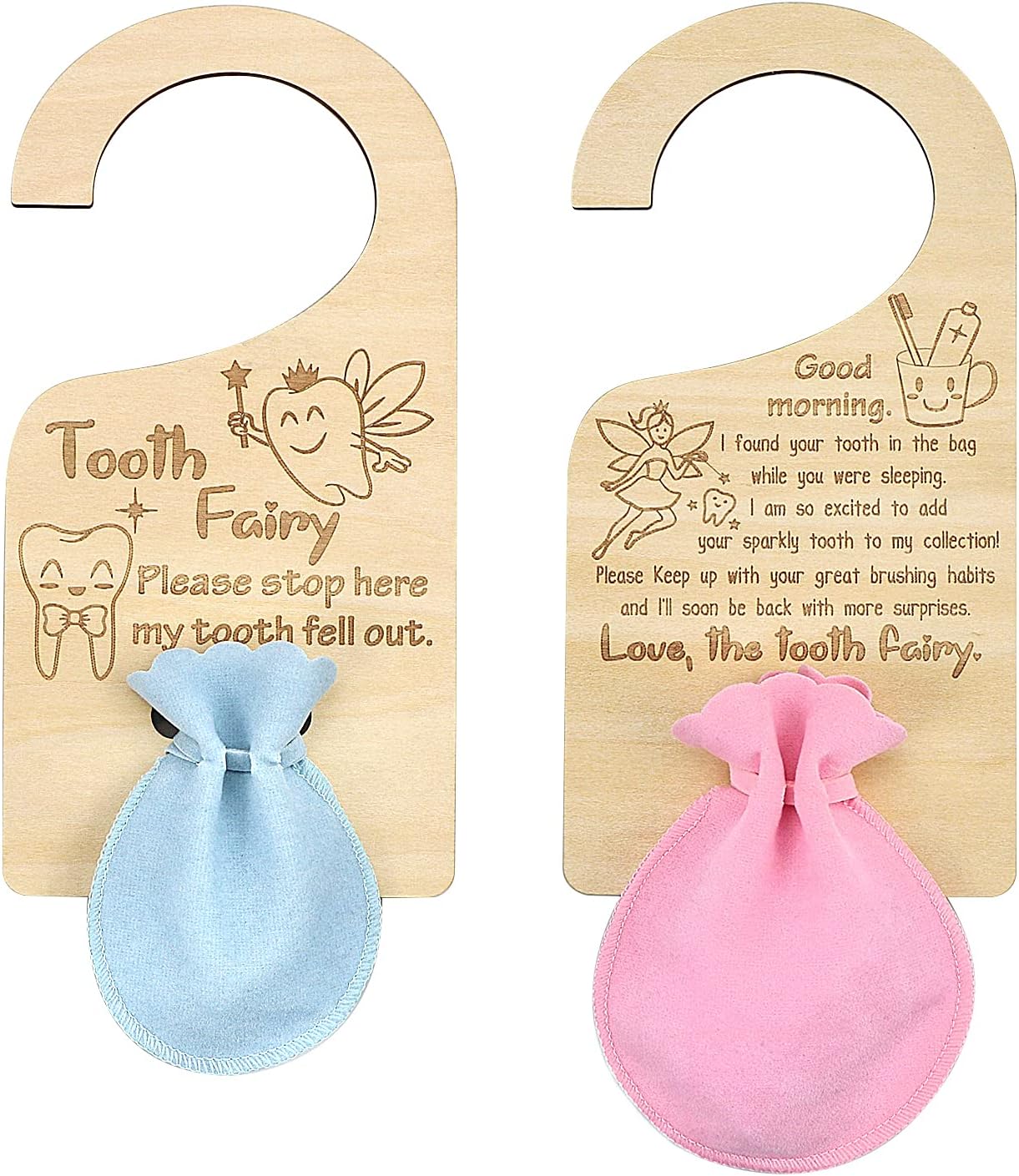 MoonBrush Tooth Fairy Door Hanger Set, with Tooth Bags Encourage Gift for Lost Teeth Kids, 4 Piece Set