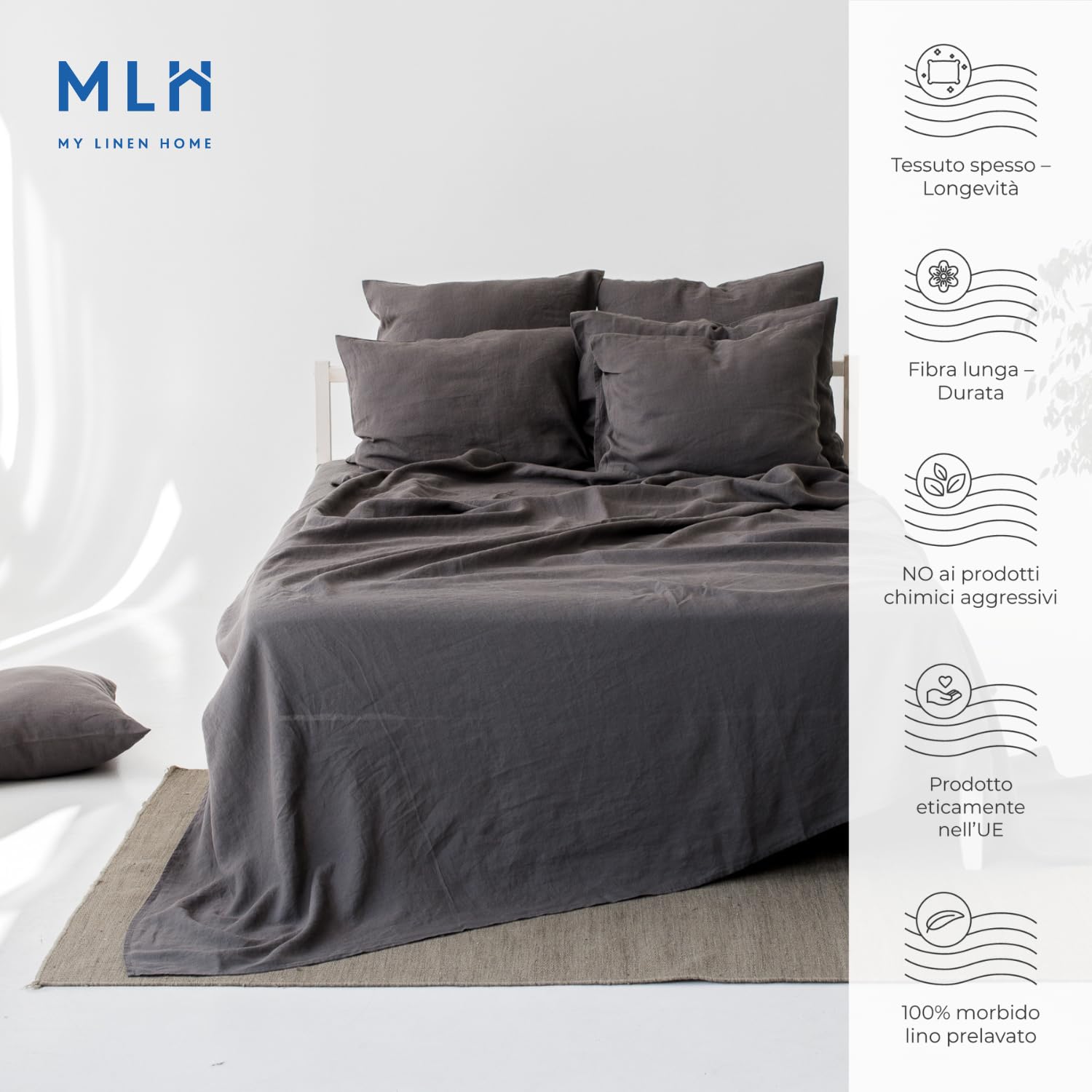 My Linen Home Lenzuolo Sopra Lino Lavato (100% Stonewashed) in Grigio scuro, 230x270 cm I Ipoallergenico, termoregolatore e traspirante I Delicato e morbido anche per la pelle più sensibile