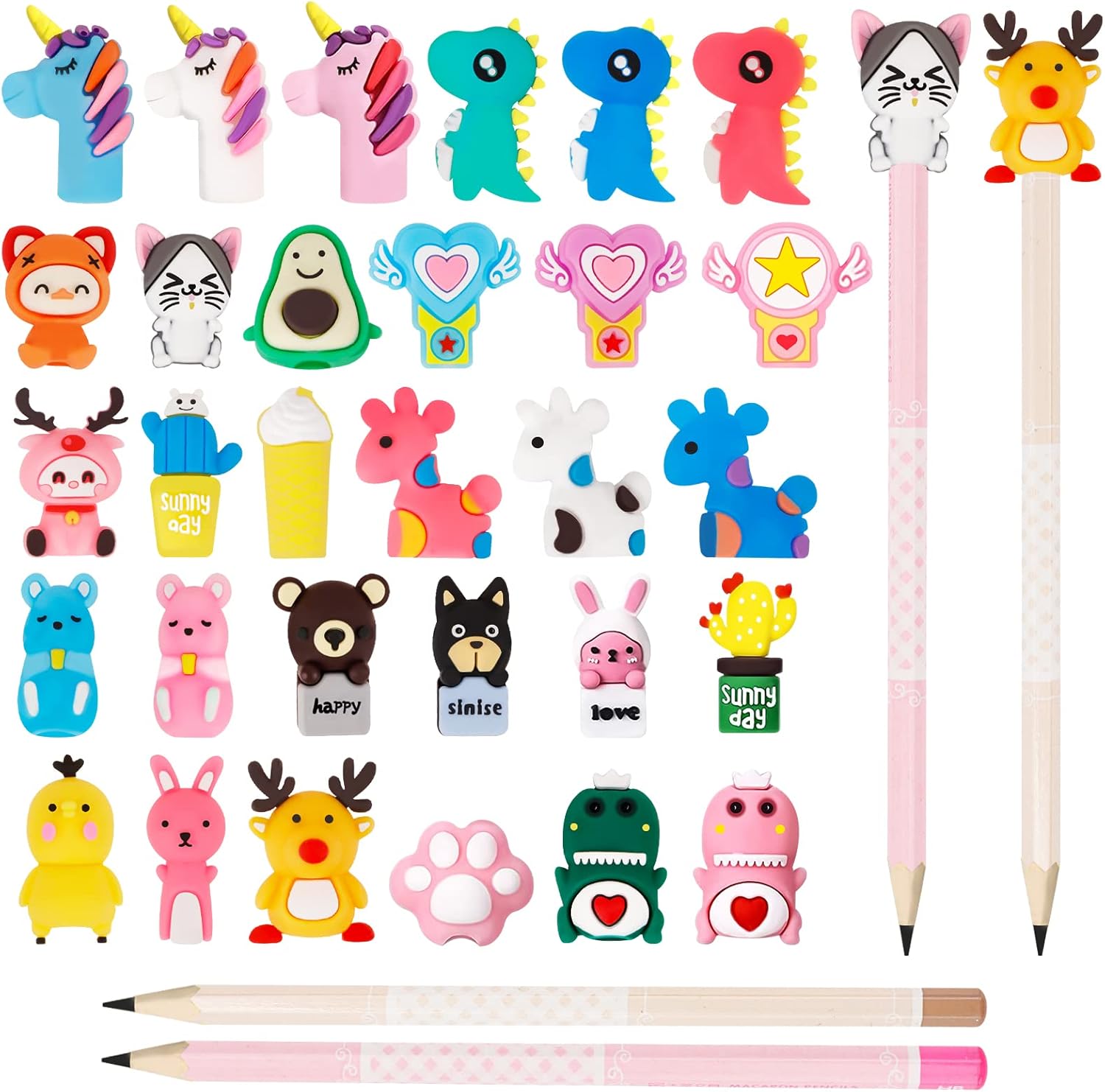 HMIEPRS 30PCS Pencil Toppers and 4PCS Pencil, Cute Animal Pencil Toppers Funny