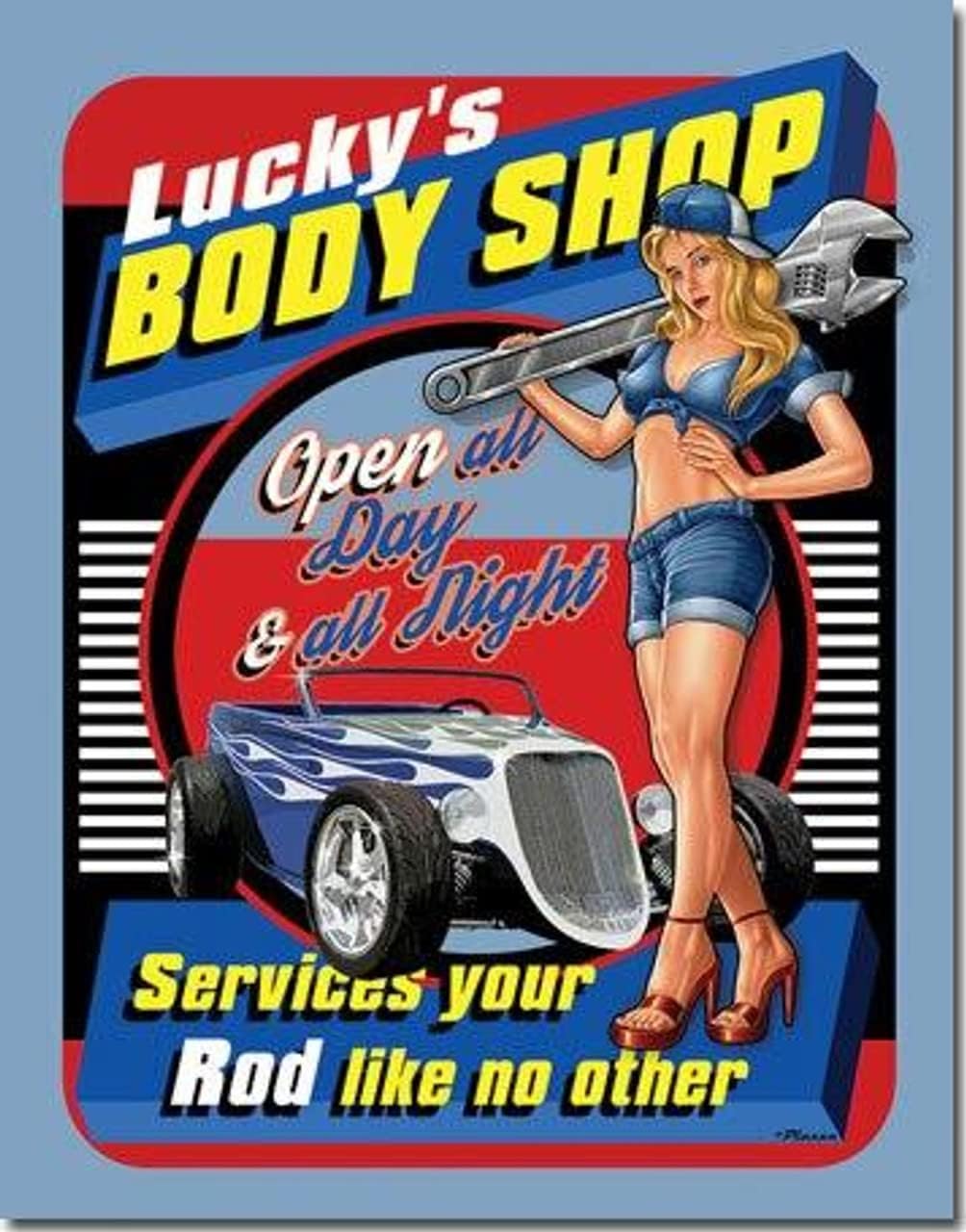 Desperate Enterprises Lucky's Body Shop Tin Sign - Nostalgic Vintage Metal Wall Decor - Made in USA