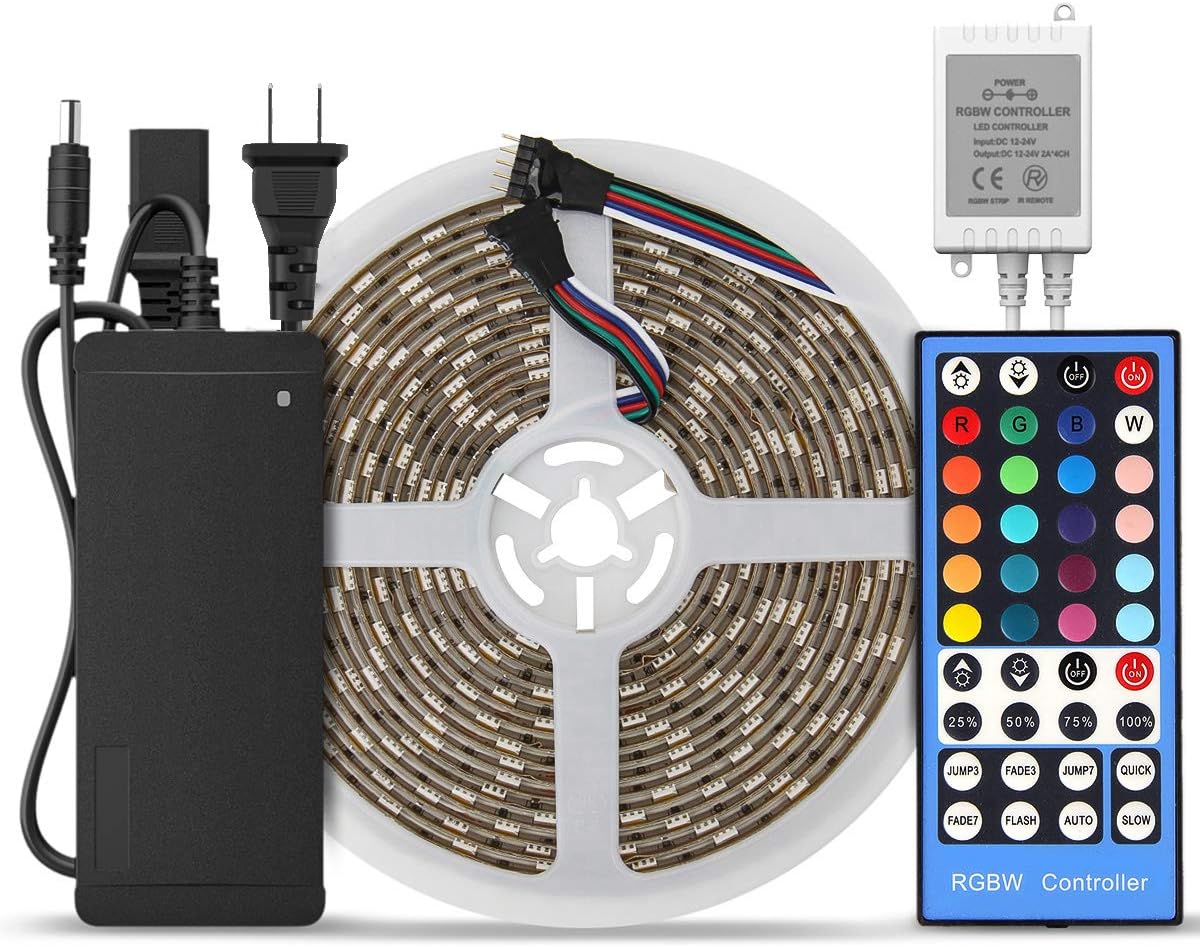 SUPERNIGHT 16.4ft 300 LEDs RGBW 5050 SMD LED Strip Light RGB+Cool White Multi-Color Changing Non-Waterproof with 40 Keys RGBW LED Remote Controller and 12V 5A Power Supply