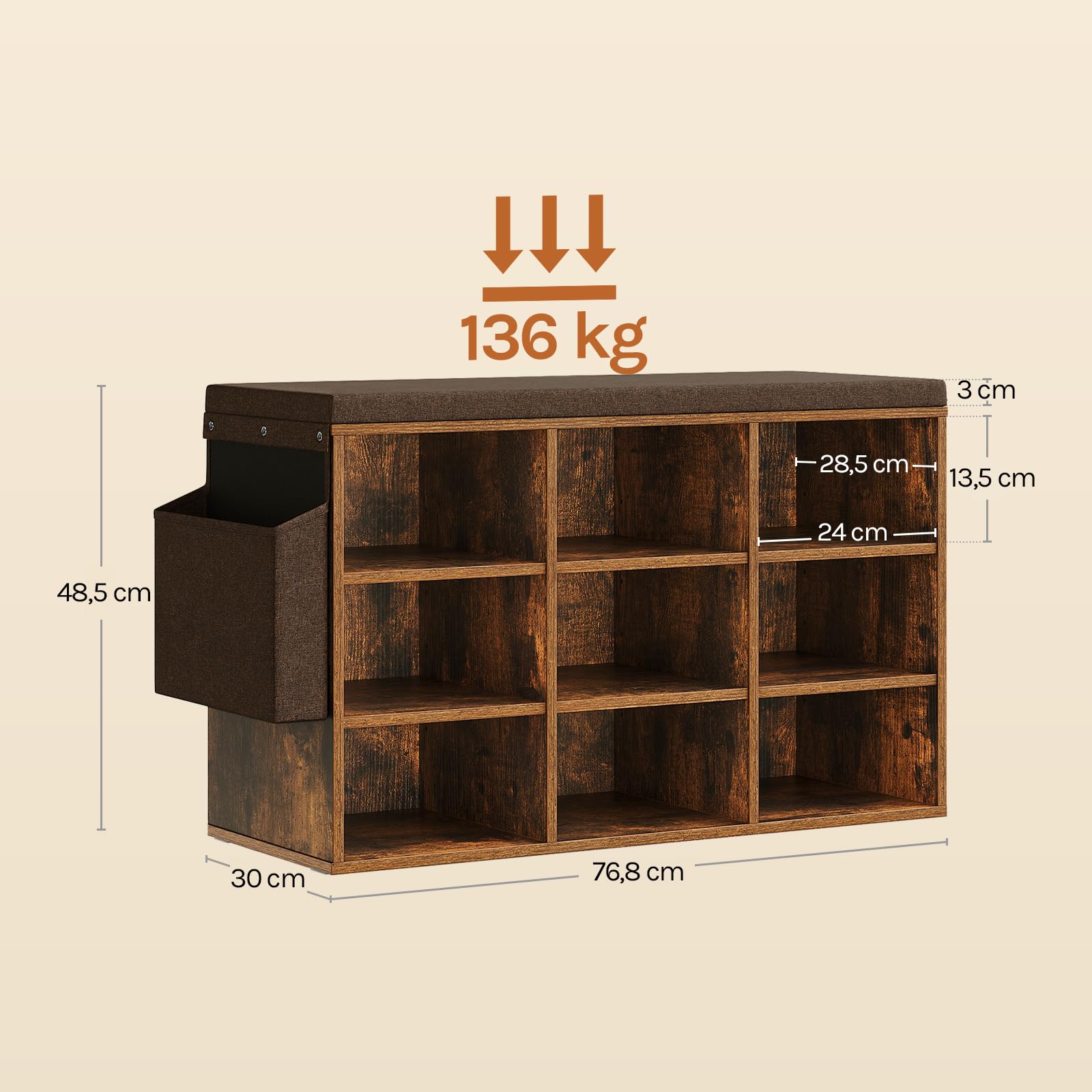 WOLTU Szafka na buty, regał na buty z ławką, 9 półek | Do przechowywania butów, do przedpokoju, z materiału drewnopochodnego z fornirem, 76,8 x 30 x 48,5 cm, brązowy vintage