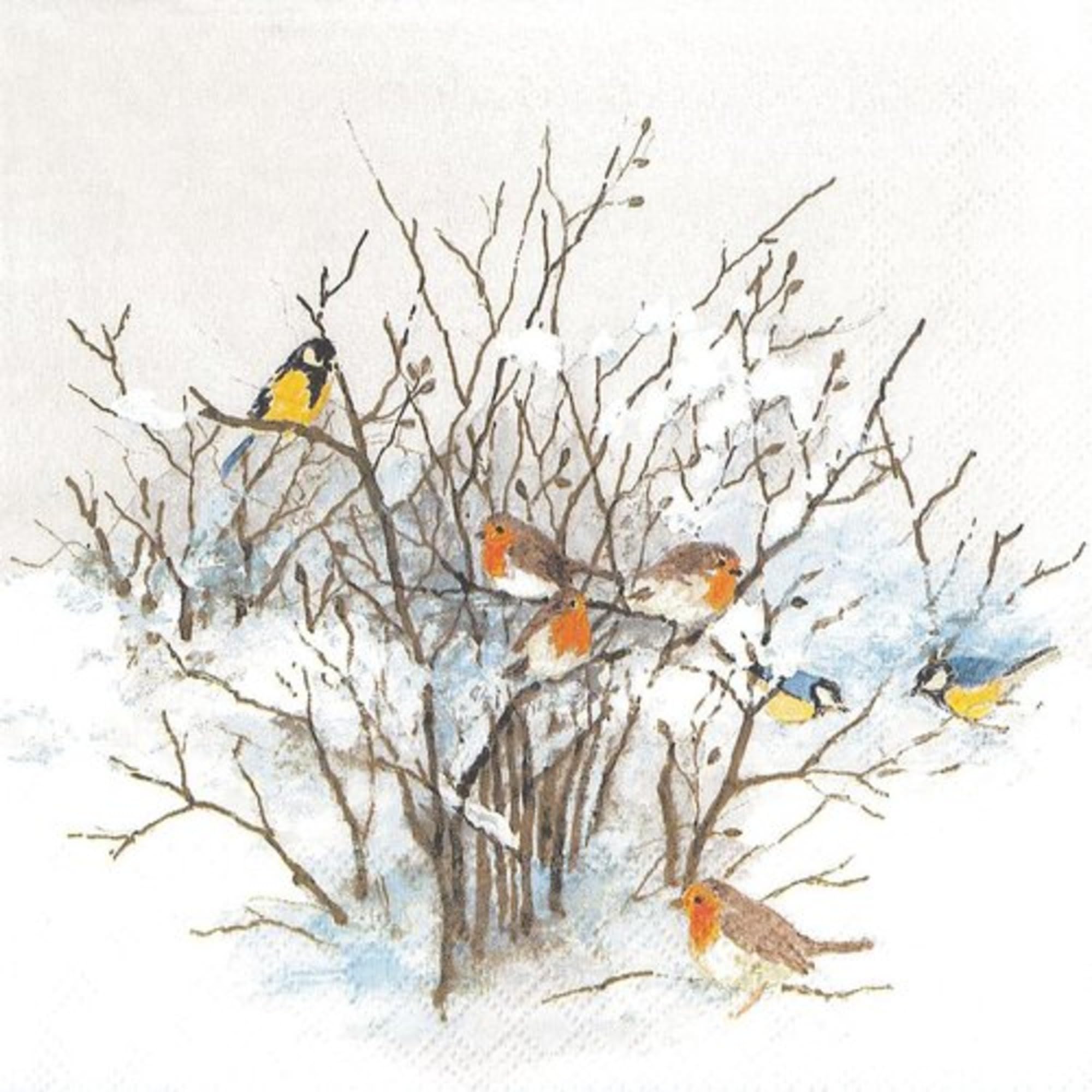 Set of 2 Individual Decoupage Paper Party Napkin Christmas Birds Winter Robins Snow Watercolor Decor Luncheon Napkins for a Birthday Holiday, Wedding, Cocktail Party