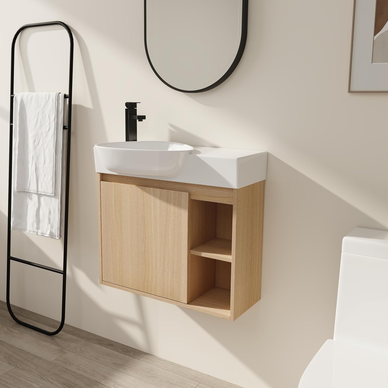 26" Floating Bathroom Vanity with Sink, Soft-Close Doors and Storage Shelf, Wooden Small Bathroom Vanity with White Ceramic Basin, Oak