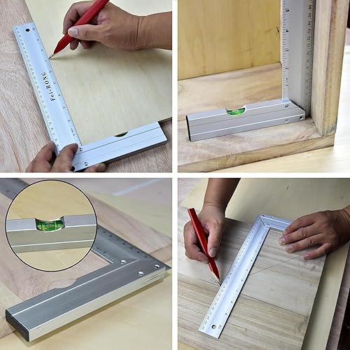 Miniatura 6 de FEIRONG - Herramientas cuadradas de carpintero 3 en 1, triángulo cuadrado de 7 pulgadas, regla en forma de 10 pulgadas de largo y lápiz de