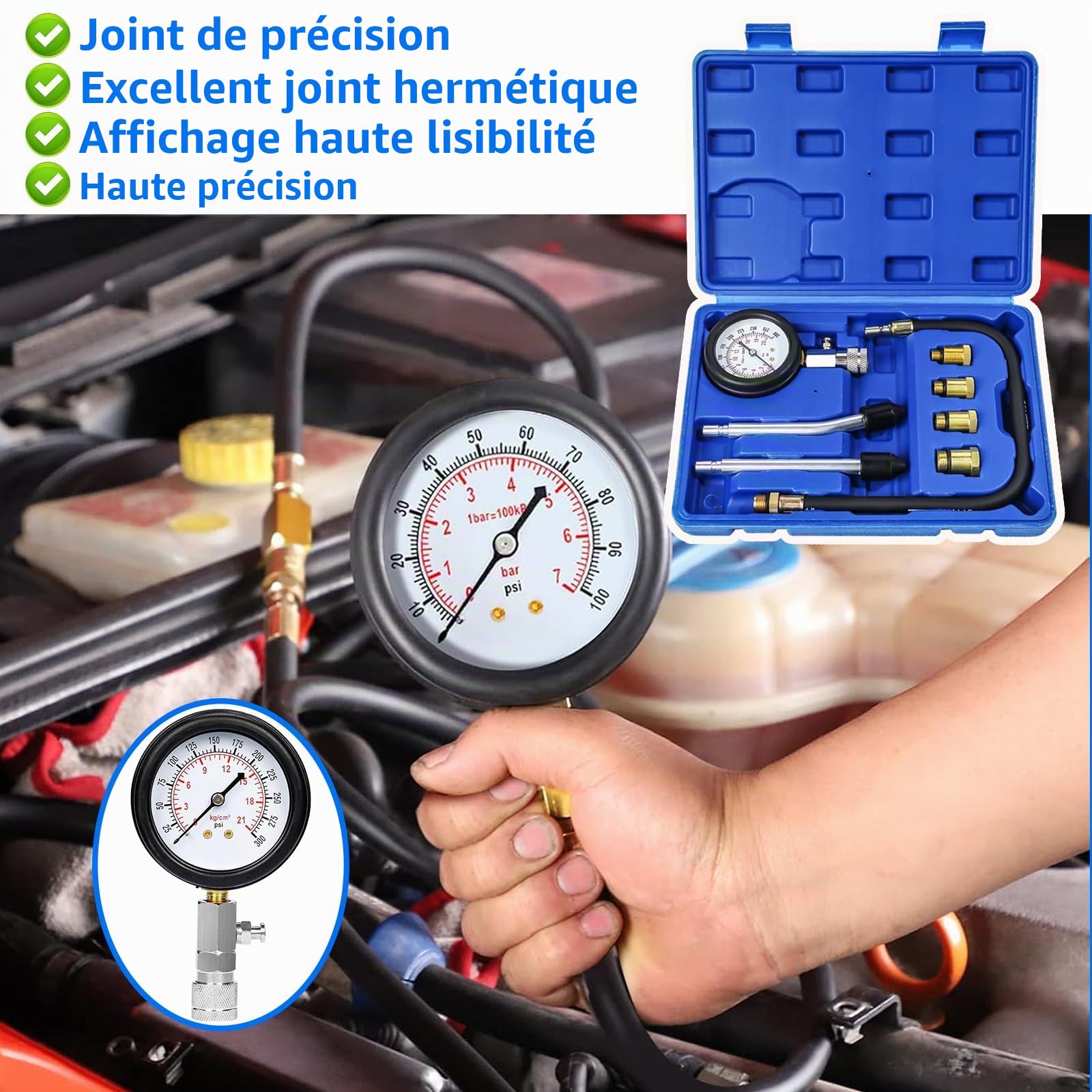 Zorplex Kit Testeur de Compression Cylindre 0-21 Bar / 0-300 PSI avec Manomètre, 4 Adaptateurs M10 M12 M14 M18 et Testeur de Bougie, Compressiomètre pour Voiture Moto Moteur Essence Outillage (Bleu)