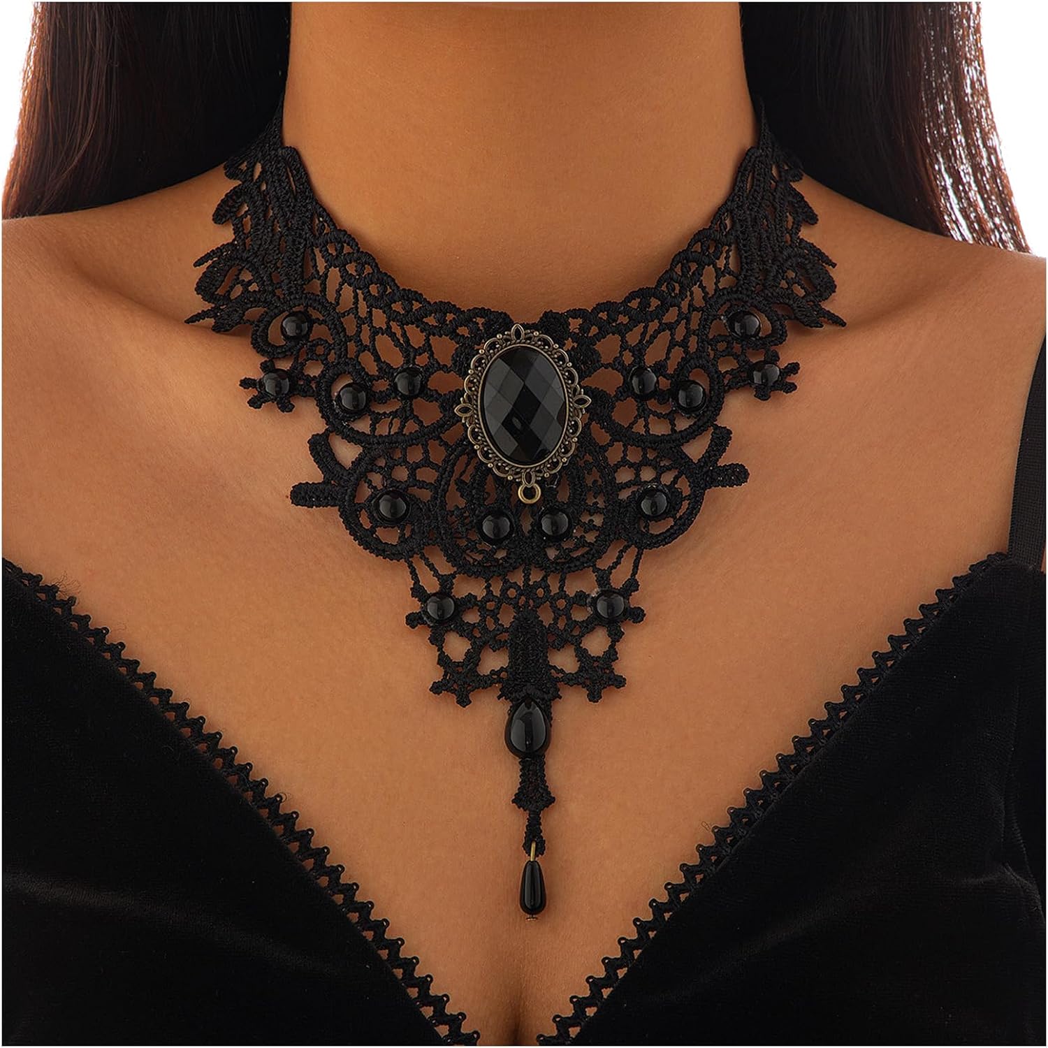 Gothic Black Crystal Bead Collar Necklace for Women Sexy Lace Flower Clavicle Chain Necklace Multi Layered Crystal Statement Chain Necklace for Women Halloween