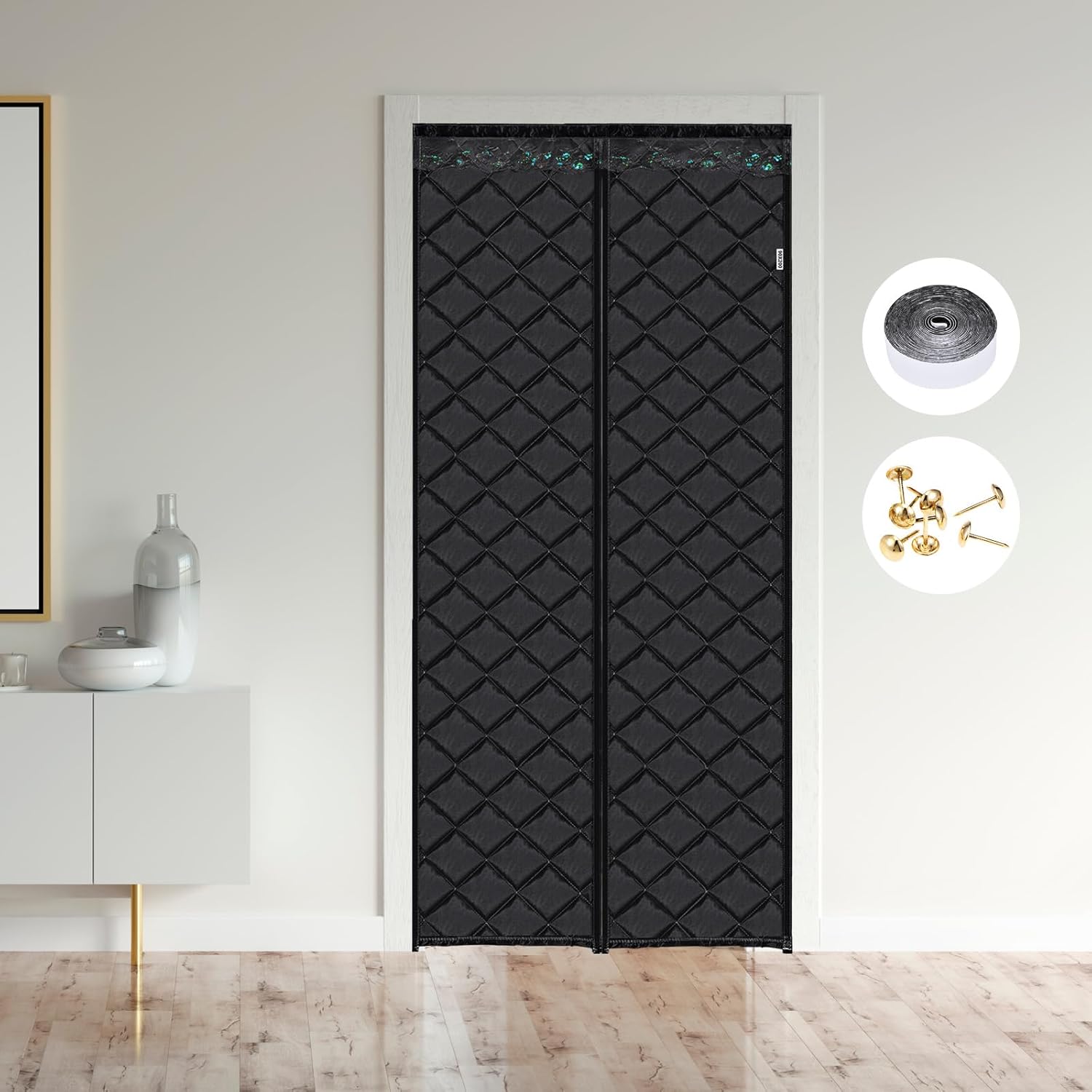 uxcell Magnetic Thermal Insulated Door Curtain, Fits Door Size 33" x 81", Durable Thicken Oxford Fabric Door Blanket, Center Opening, Keep Warm in Winter and Cool in Summer, Black