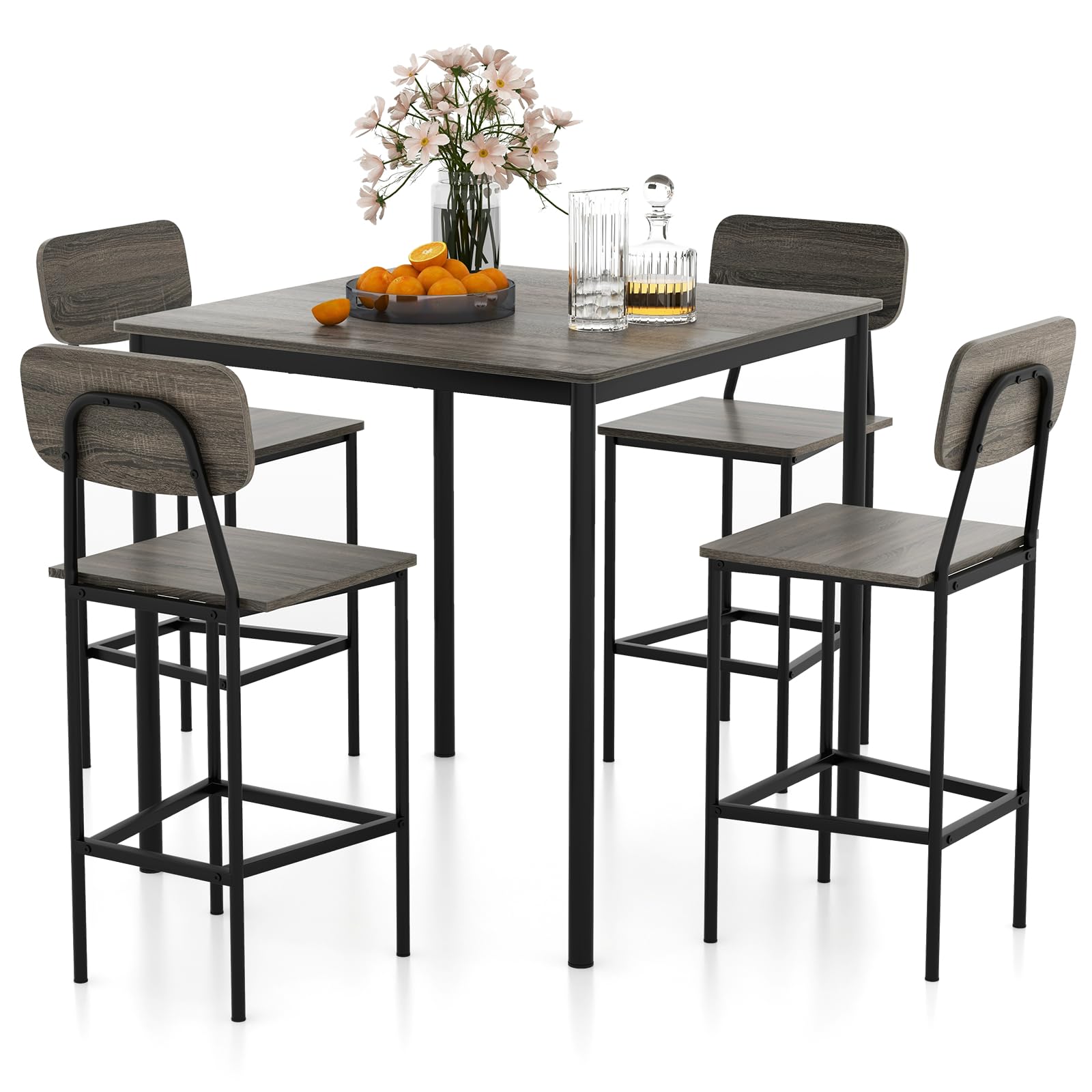 GiantexUK 5PCS Dining Table and Chairs Set, Metal Frame Counter Height Dining Set with Backrest, Footrest & Anti-slip Foot Pads, Space Saving Breakfast Table Chairs for Home Kitchen (Grey)