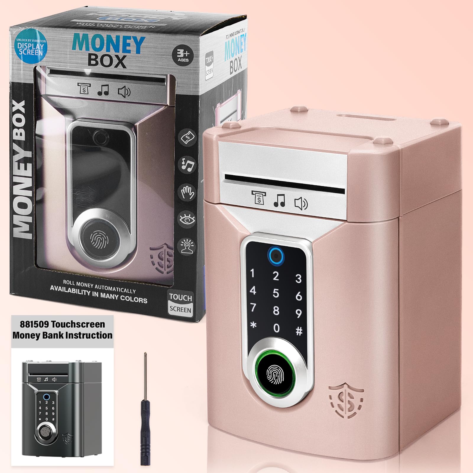Highttoy Salvadanaio Bambina, Salvadanaio Elettronico con Touchscreen e Impronta Digitale, Regalo Bambina 3-12 Anni Giochi Bimba, Cassaforte Salvadanaio Bancomat per Bambini, Oro Rosa