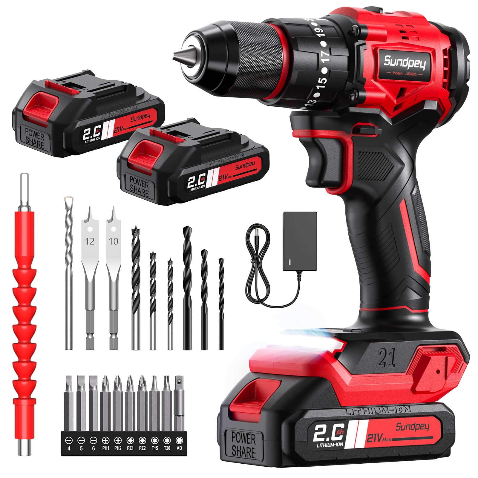 Sundpey Cordless Power Drill Set - 620in-lbs 23+3 Brushless Electric Drill w/ 2 × 2.0Ah Battery & LED Light & 3/8" Metal Chuck & Fast Charger - Electric Screwdriver for Home DIY Woodworking Men Women