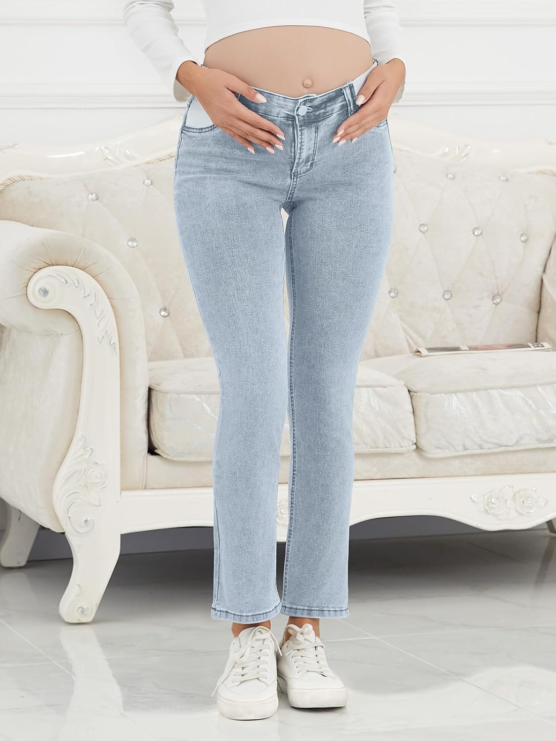 Women's Maternity Jeans Slim Side Stretchy Straight Leg Pregnancy Petite Denim Pants with Pockets - Image 5
