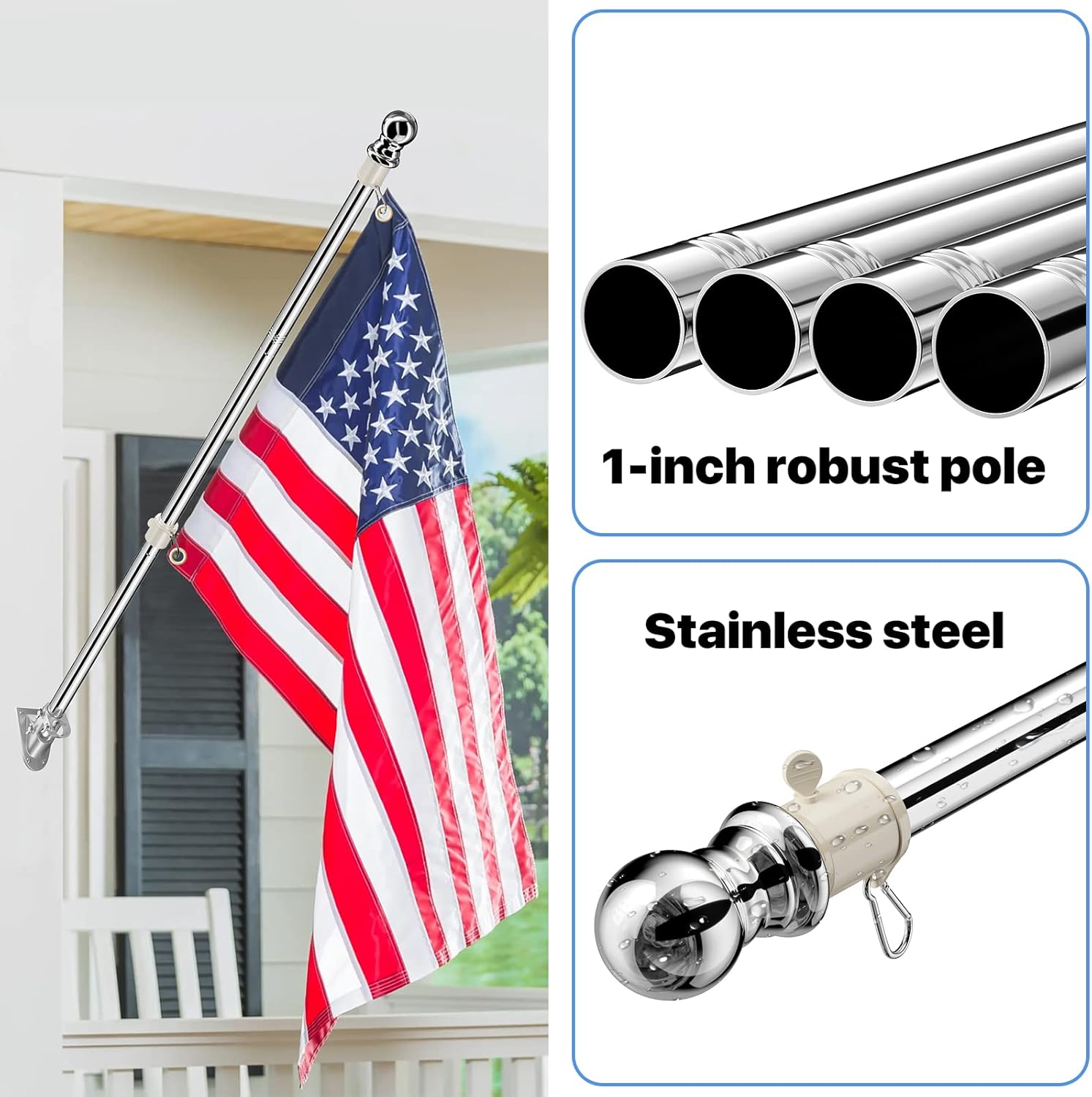 Flag Pole, Silver Flag Poles for 3x5 Flags Outdoor,Stainless Steel Flag Poles for Outside House, 5 FT Flagpole Kit and Wall Mount Holder Bracket, No Tangle Ring Clips, Garden Yard Porch Flagpoles
