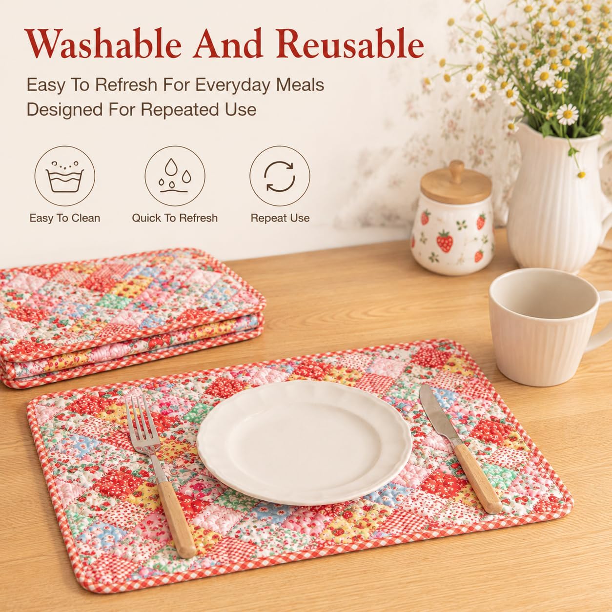 Quilted Placemats Set of 4, 12X18 Inches Cotton Fabric Placemats, Reversible & Washable Placemats, Patchwork Table Mats for Dining Table, Rectangular Placemat (Colorful Checkered)