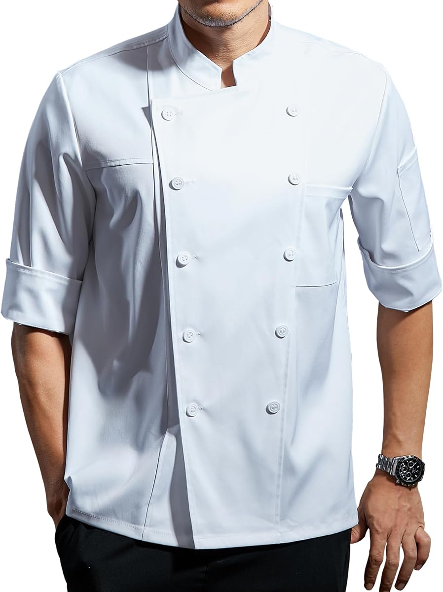 Abrigo de chef KITCHIEF Chaqueta de chef ligera y elástica Abrigo de chef negro suave Uniforme de chef de media manga para cocina,restaurante