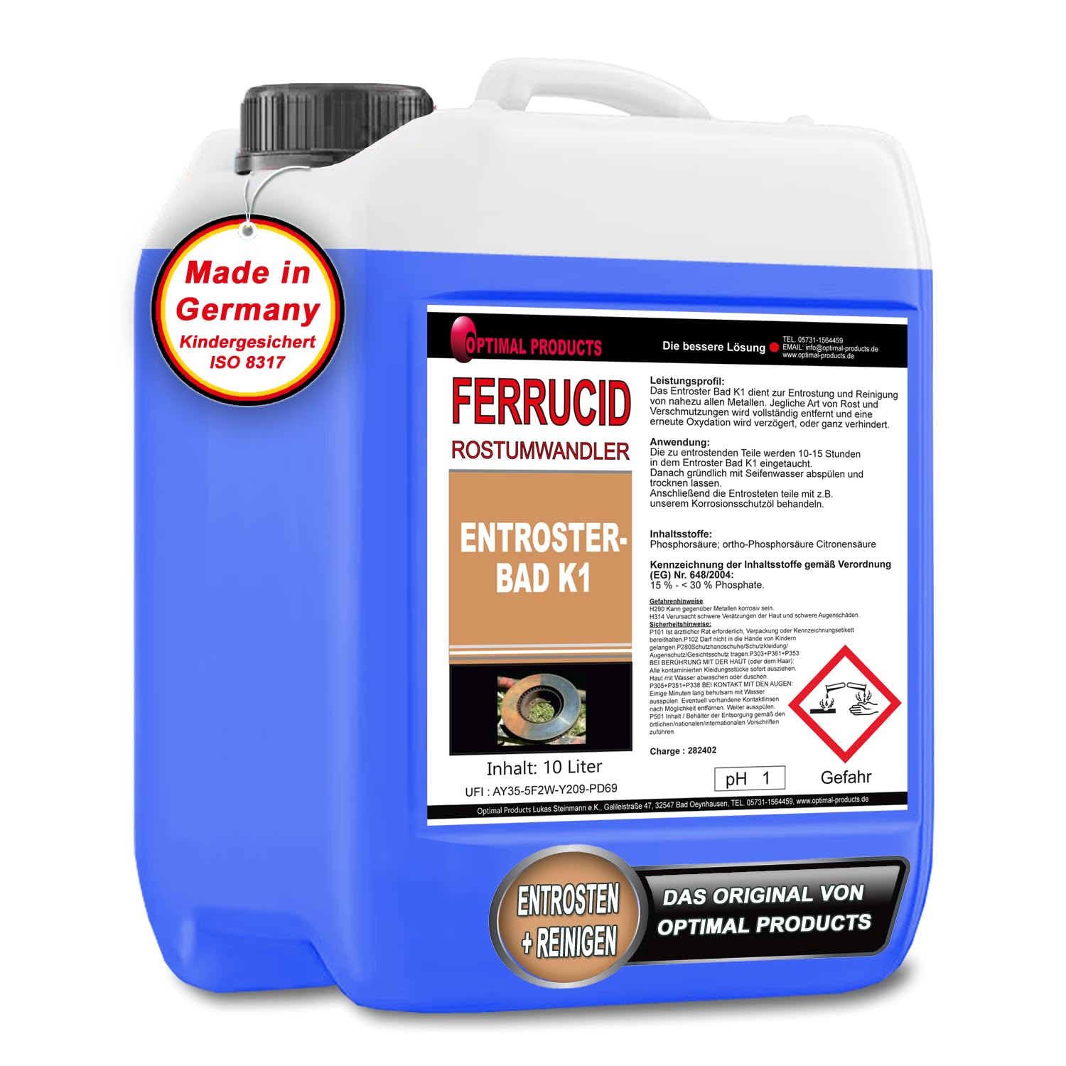 Optimal Products die bessere Lösung Tauchbad Rostlöser Rostumwandler Entroster Industriequalität 10 Liter Kanister