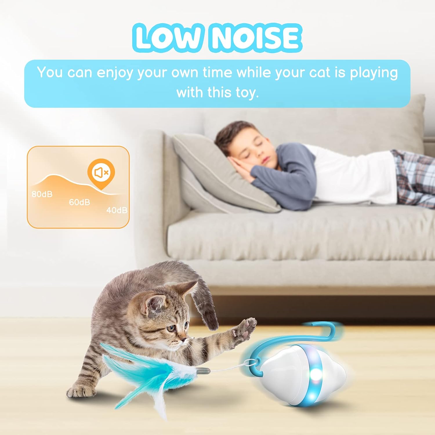 Moving Cat Toys Rolling Mouse Interactive Cat Exercise Toys with 5 Feathers USB Charging 2 Speeds Mode Colorful LED Light Automatic 360° Self Rotating Low Noise for Indoor Cats Kitten : Pet Supplies